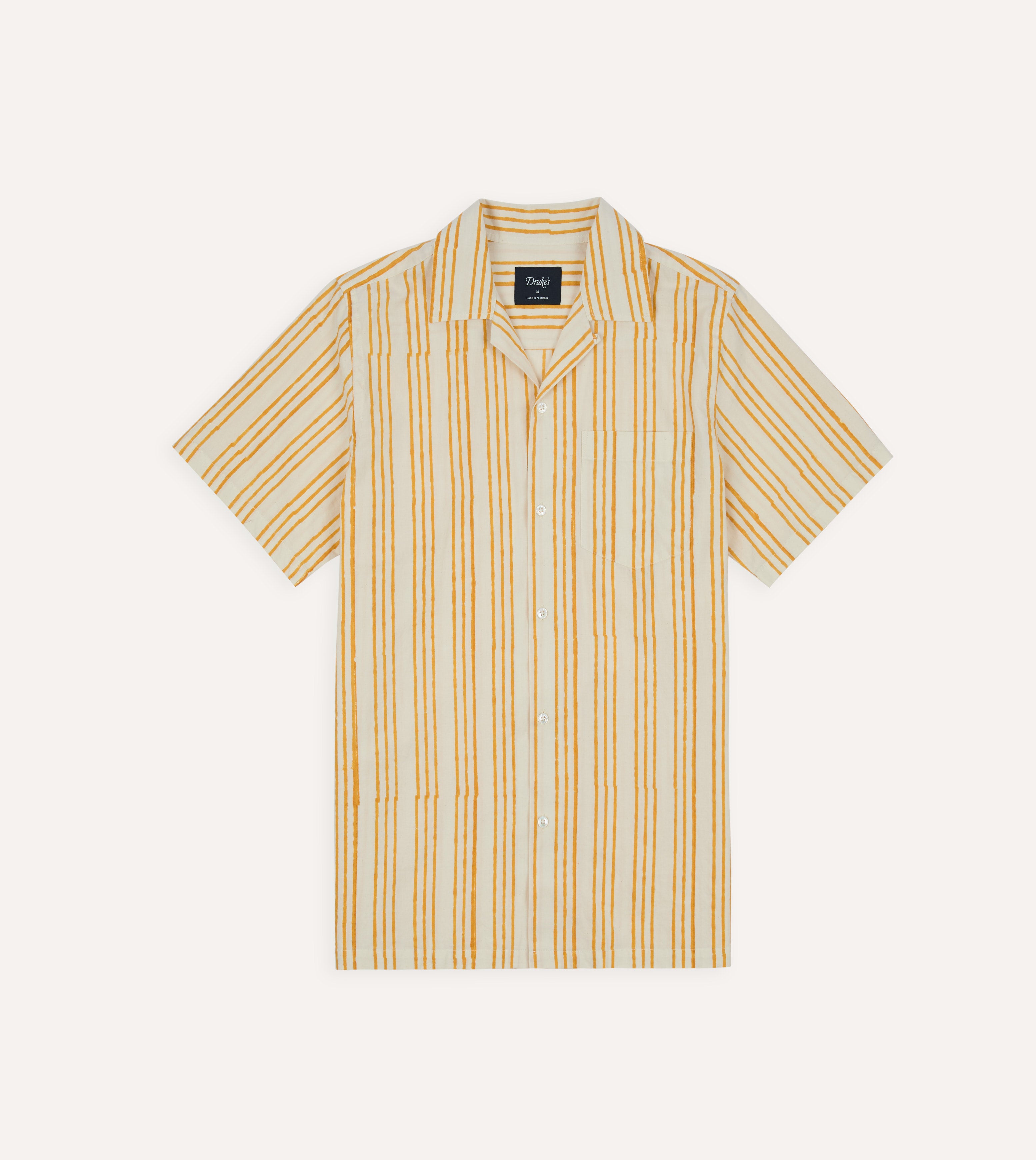 Yellow Triple Stripe Block Print Cotton Camp Collar Short Sleeve
