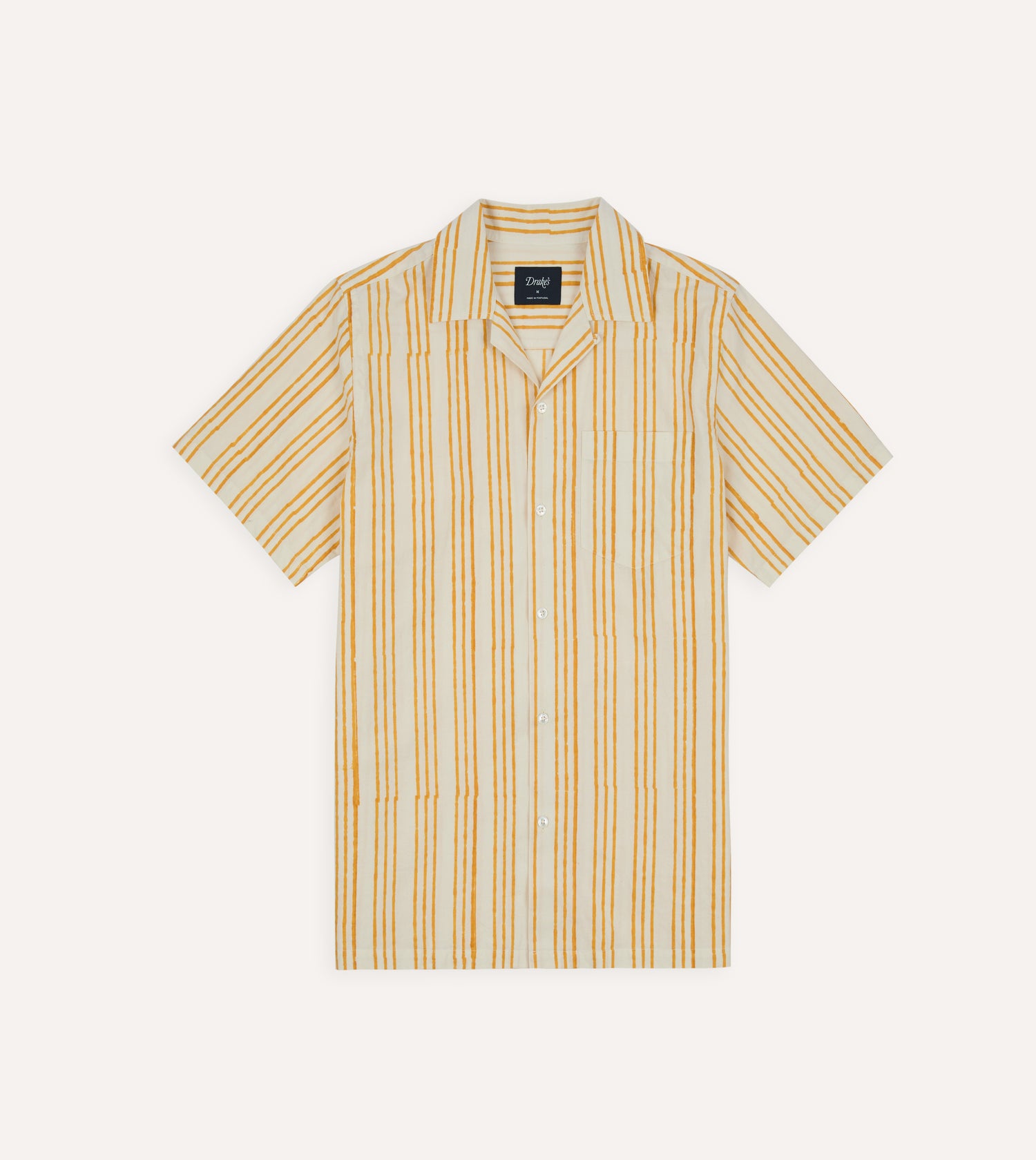Yellow Triple Stripe Block Print Cotton Camp Collar Short Sleeve Shirt