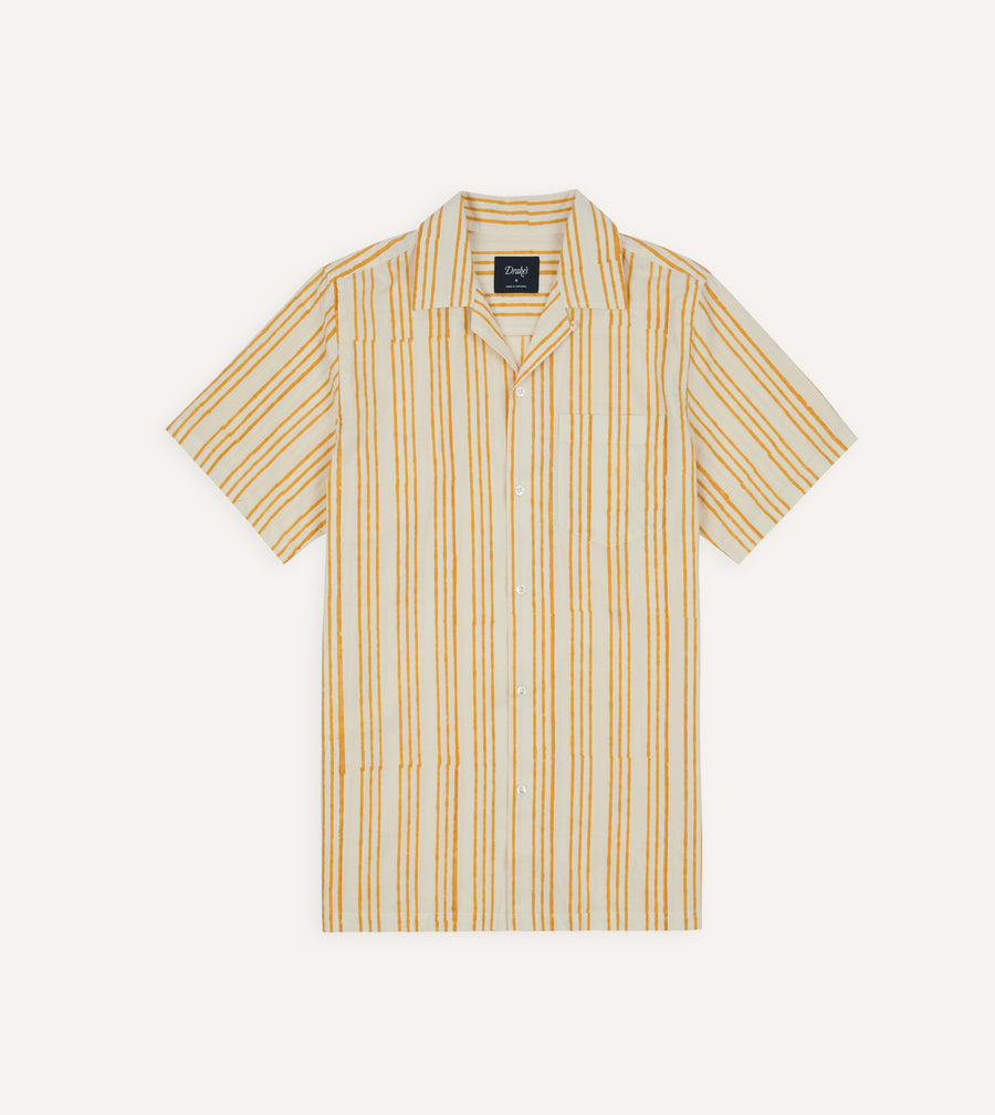 Yellow Triple Stripe Block Print Cotton Camp Collar Short Sleeve Shirt