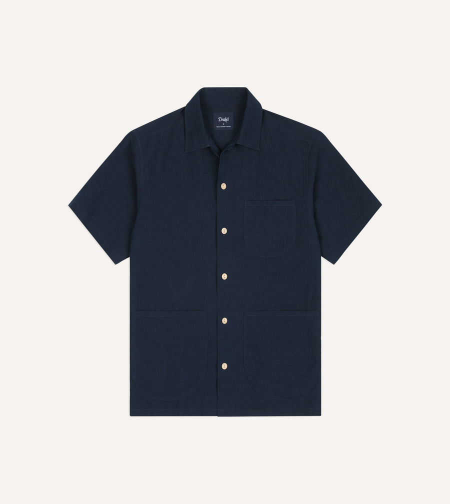 Navy Cotton-Linen Camp Collar Three Pocket Short Sleeve Shirt