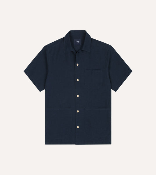 OPEN COLLAR SHIRTS (NAVY) Mサイズ ザ森東 Navy Cotton-Linen Camp Collar Three Pocket Short Sleeve Shirt