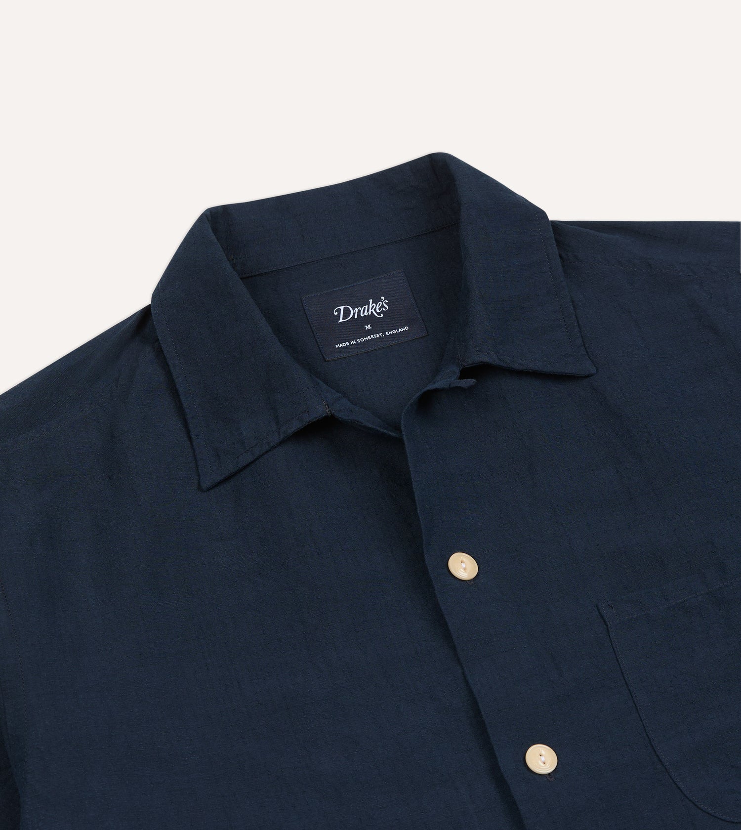 Navy Cotton-Linen Camp Collar Three Pocket Short Sleeve Shirt