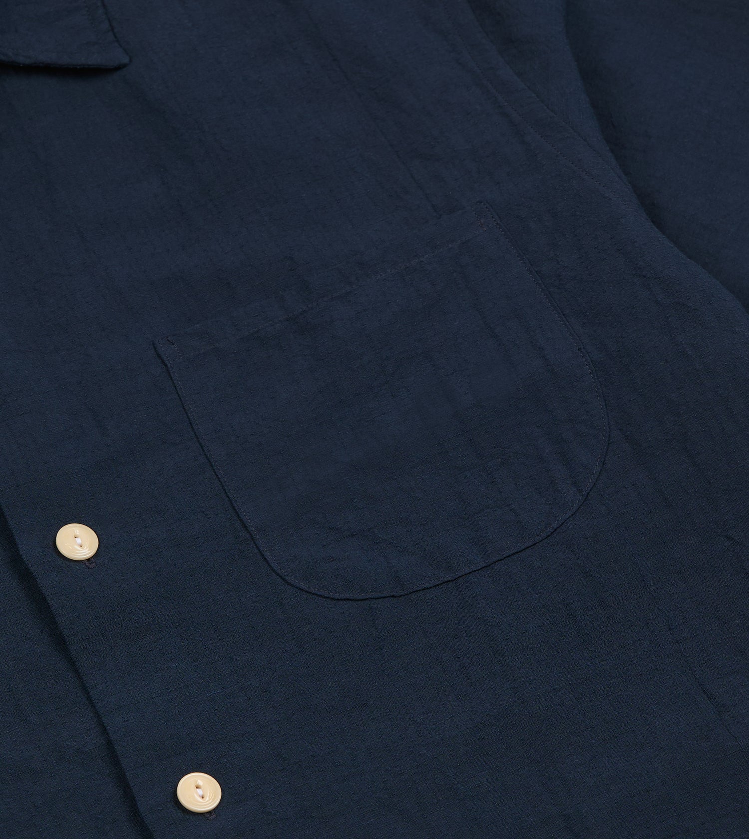 Navy Cotton-Linen Camp Collar Three Pocket Short Sleeve Shirt