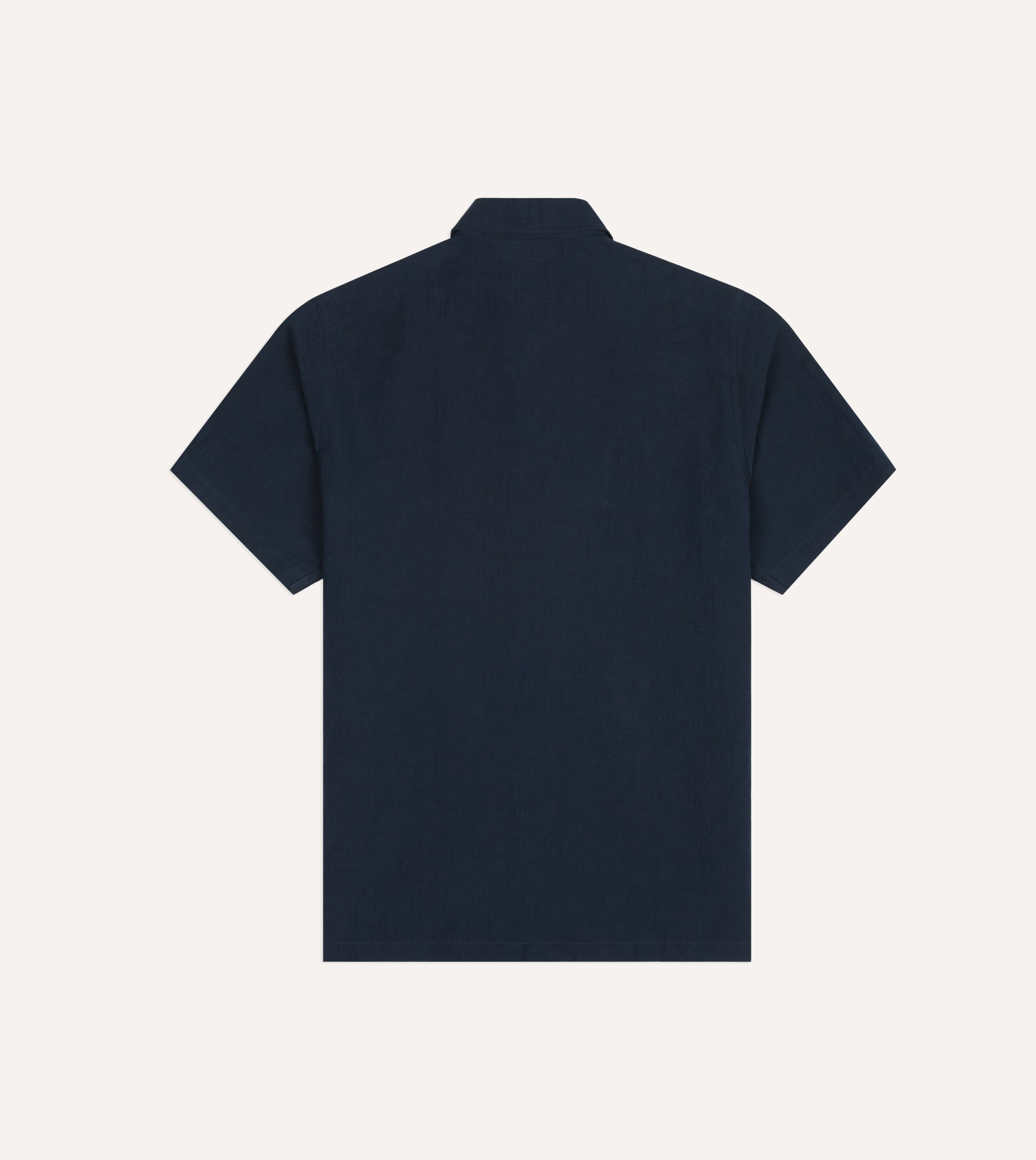 Navy Cotton-Linen Camp Collar Three Pocket Short Sleeve Shirt