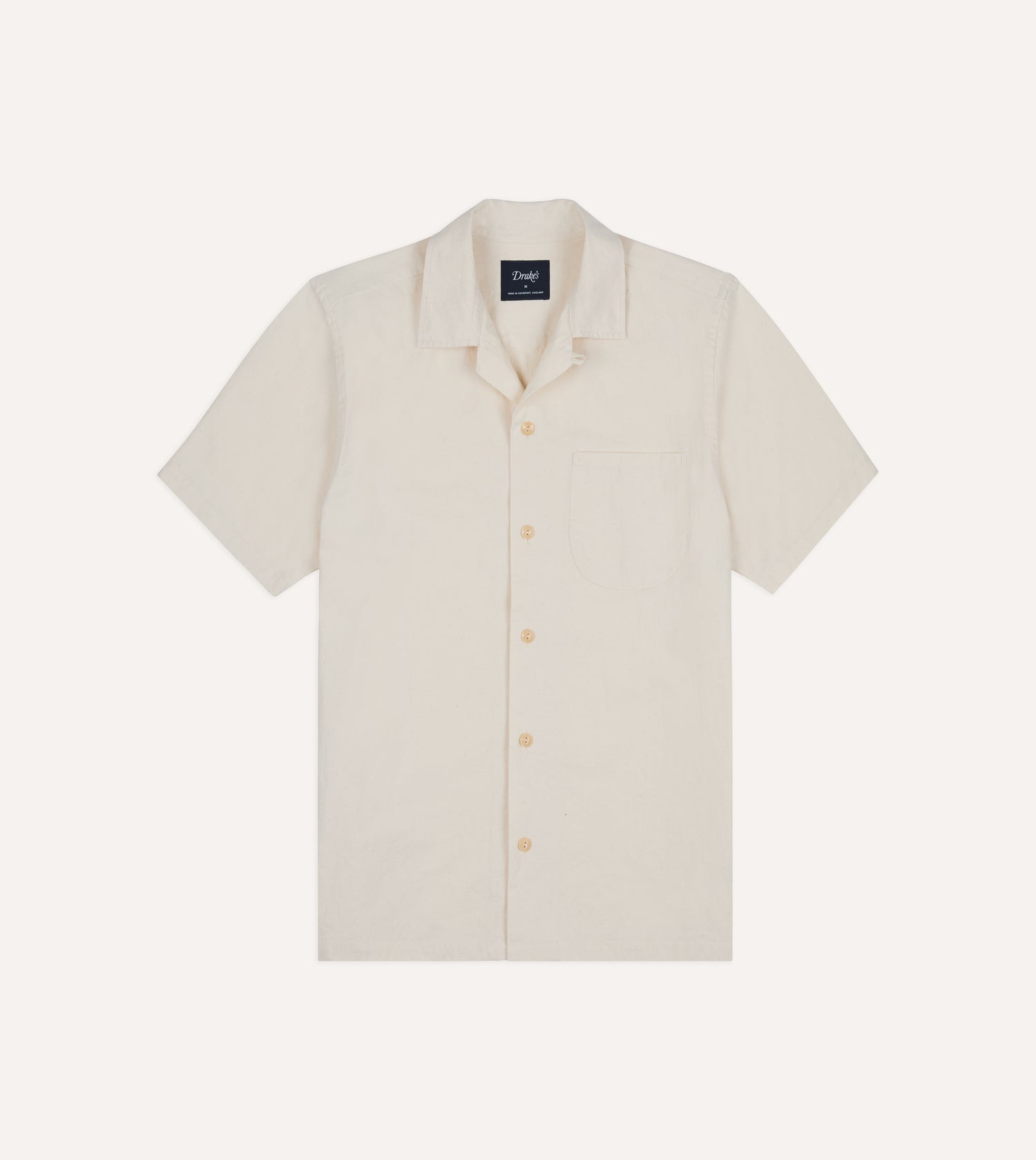 Ecru Cotton-Hemp Camp Collar Short Sleeve Shirt