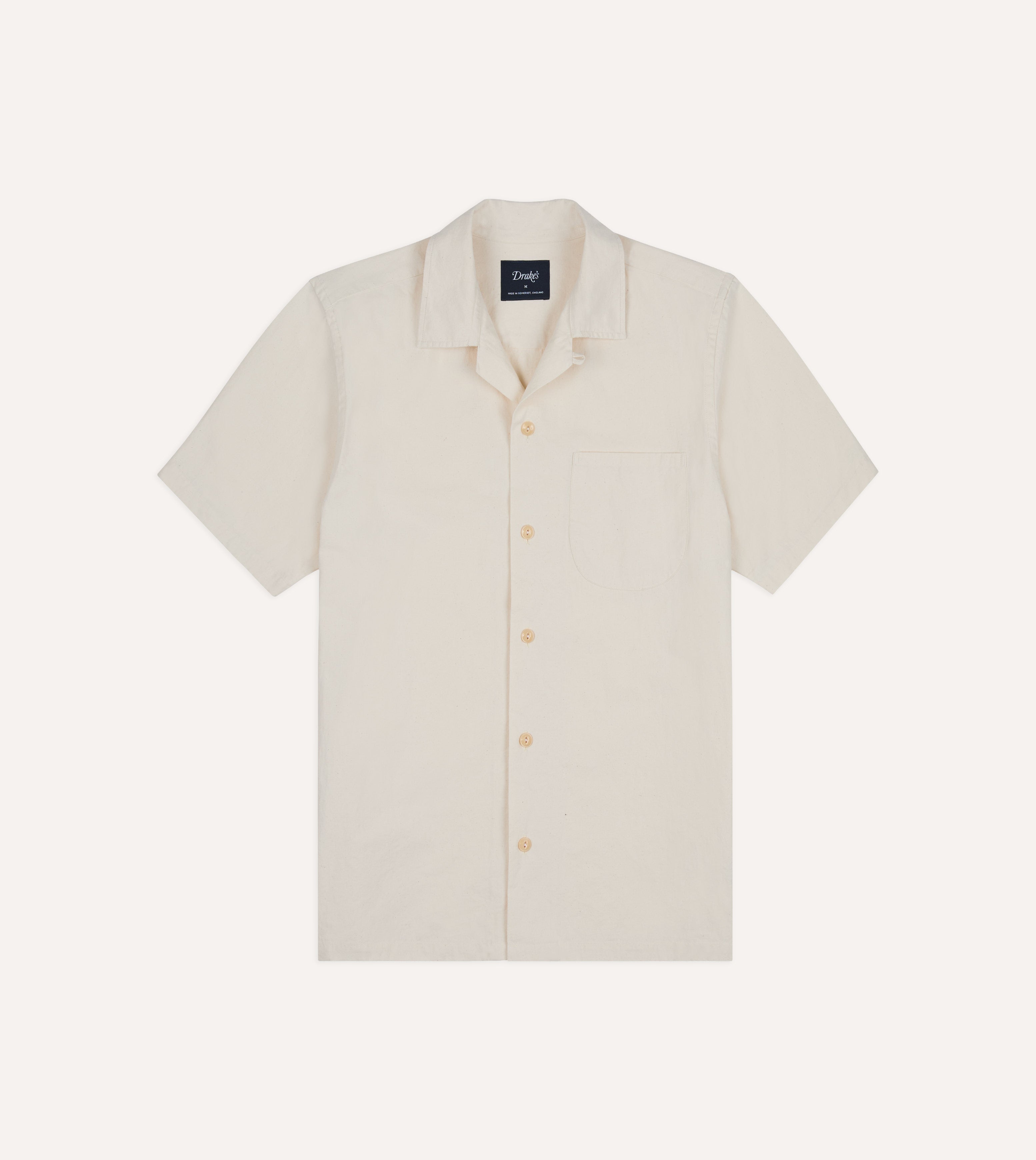 Ecru Cotton-Hemp Camp Collar Short Sleeve Shirt