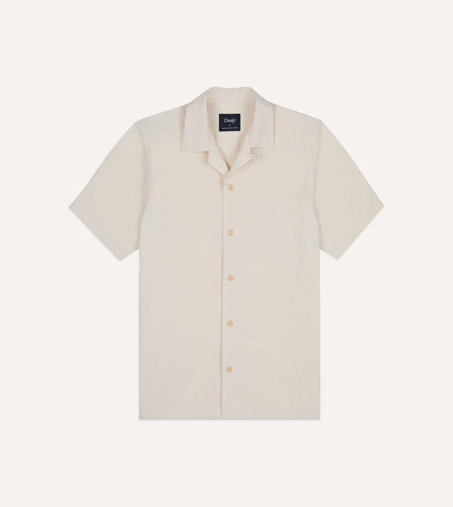 Ecru Cotton-Hemp Camp Collar Short Sleeve Shirt