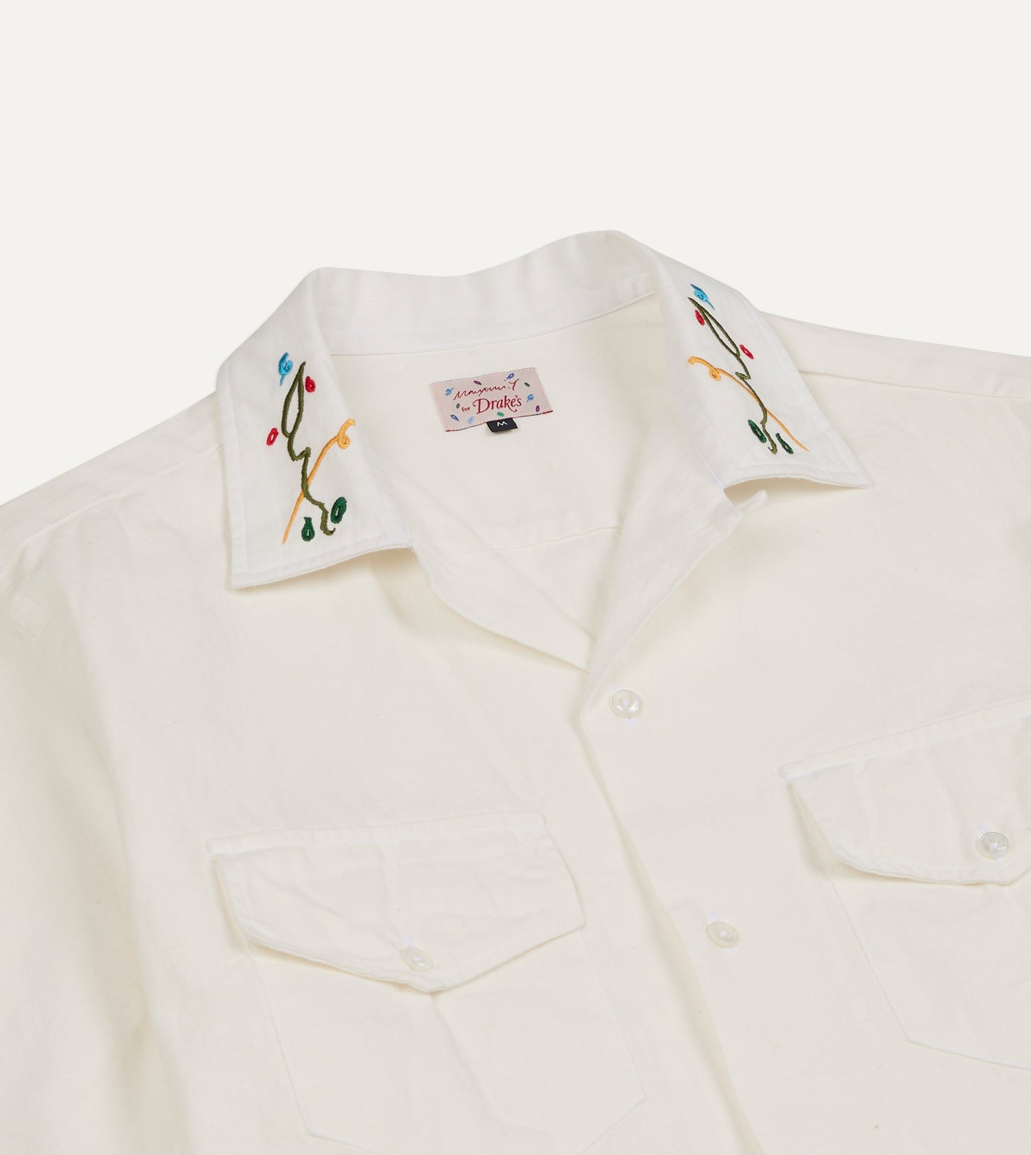 Mayumi Y. for Drake’s Embroidered Cotton-Linen Camp Collar Short Sleeve Shirt