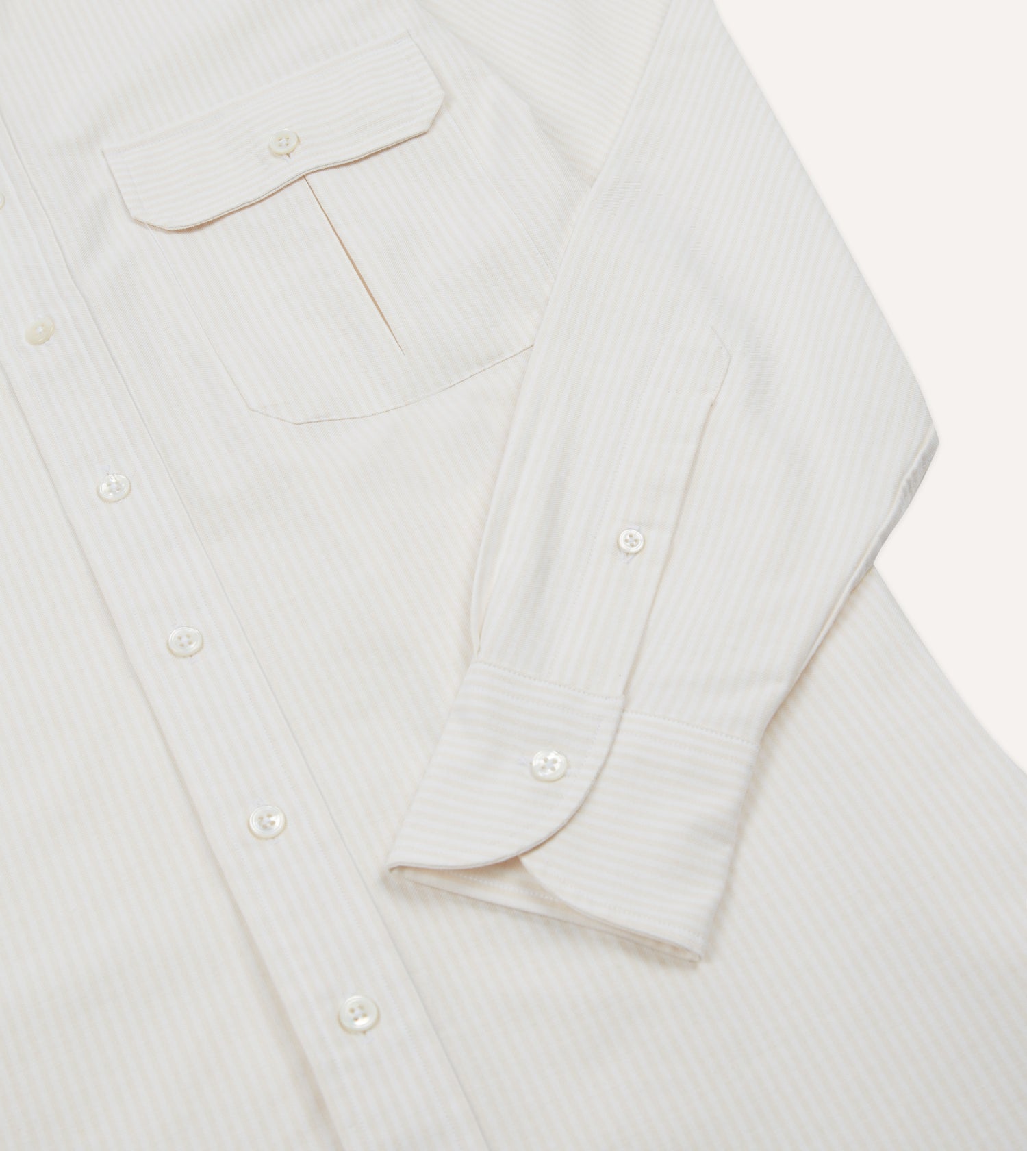 Cream Ticking Stripe Cotton Oxford Cloth Pocket Button-Down Shirt