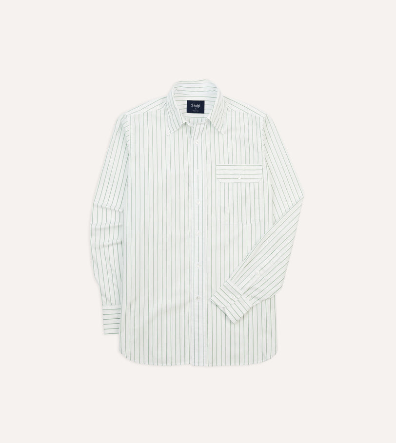 Green Pencil Stripe Cotton Long Point Collar Shirt