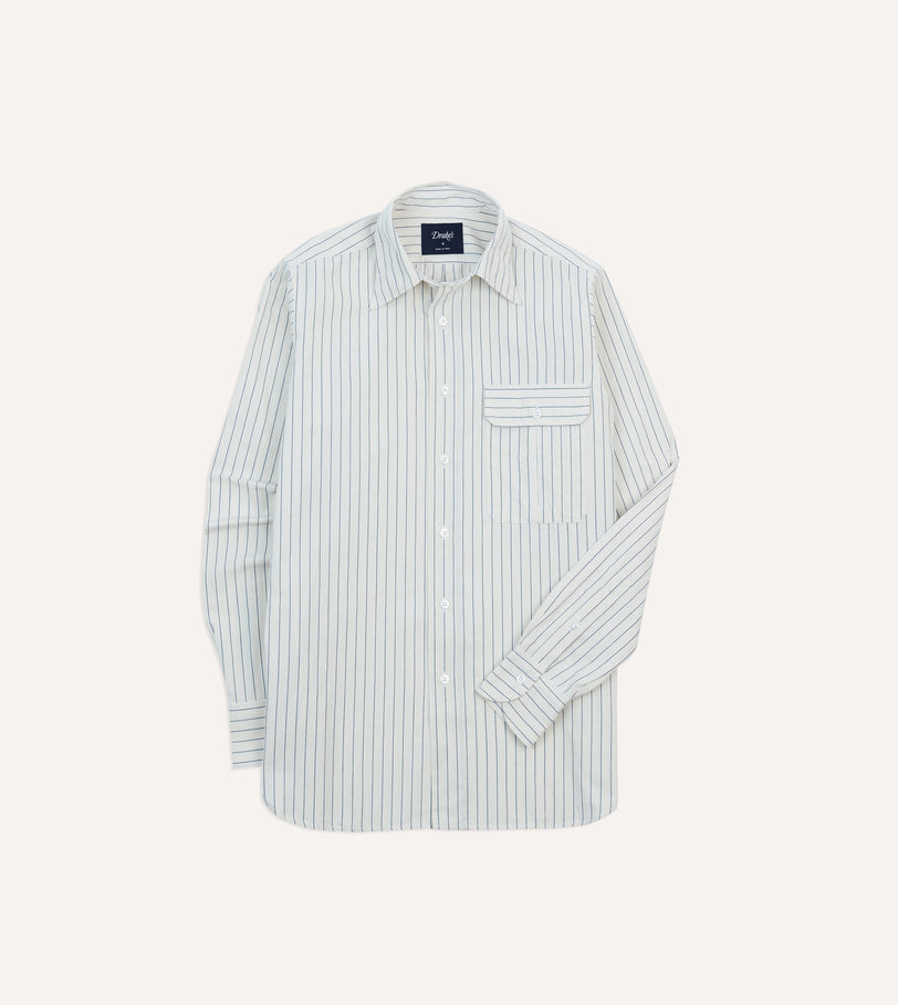 Navy Pencil Stripe Selvedge Cotton Long Point Collar Shirt
