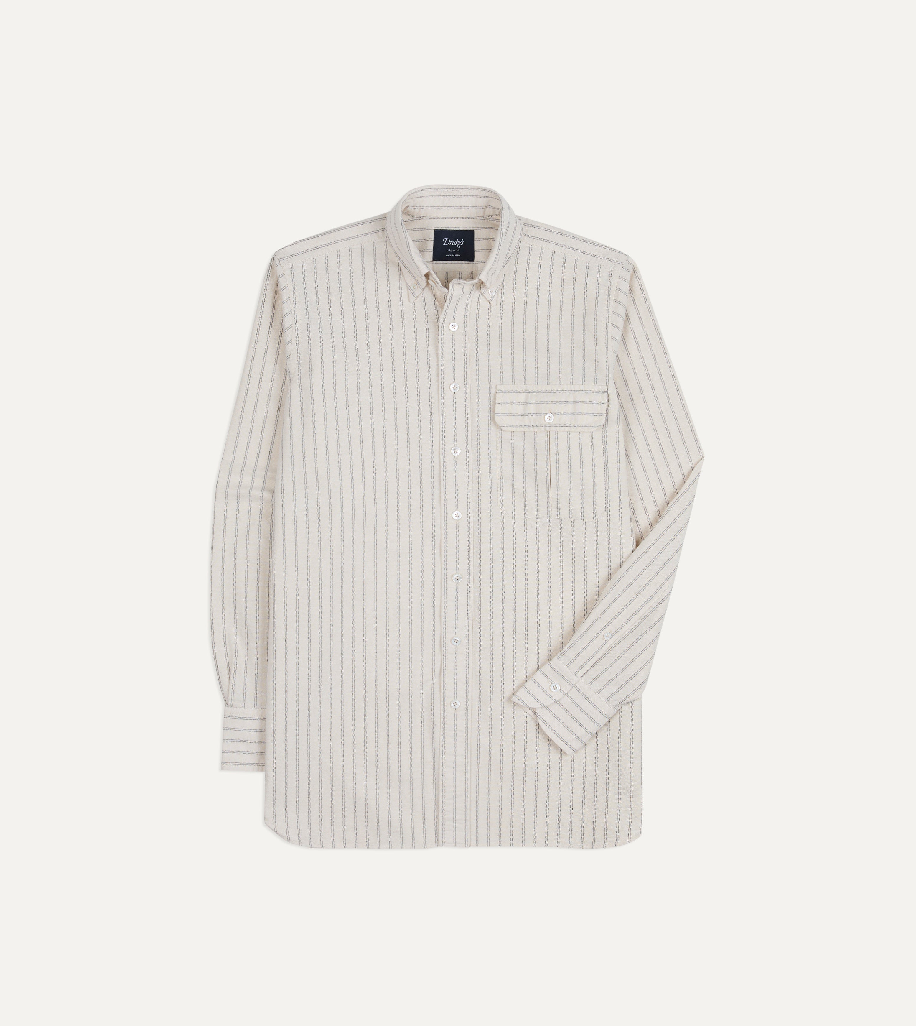 Ecru Stripe Cotton Oxford Cloth Pocket Button-Down Shirt