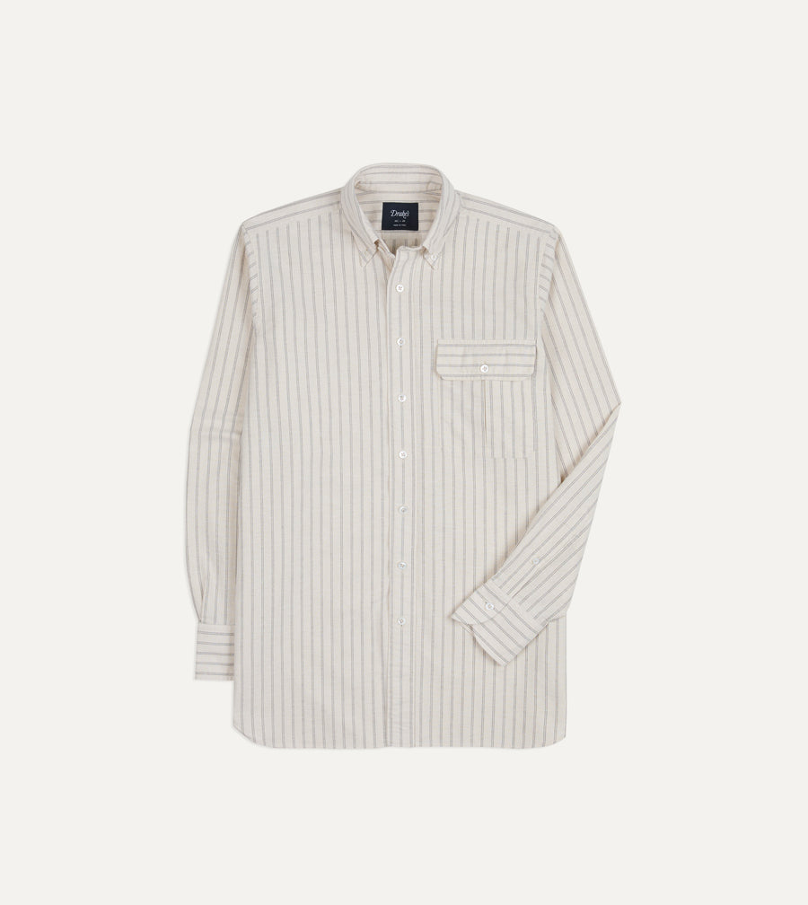 Ecru Stripe Cotton Oxford Cloth Pocket Button-Down Shirt