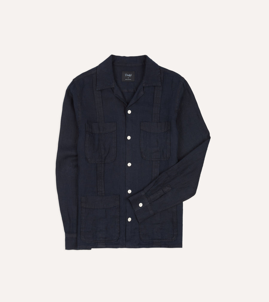 Navy Linen Twill Cuban Shirt