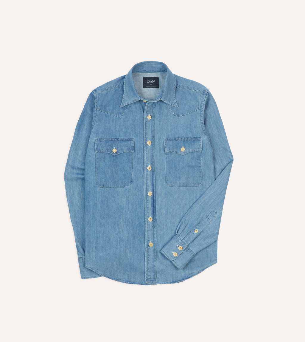 Bleach Wash Denim Two-Pocket Western Shirt – Drakes US