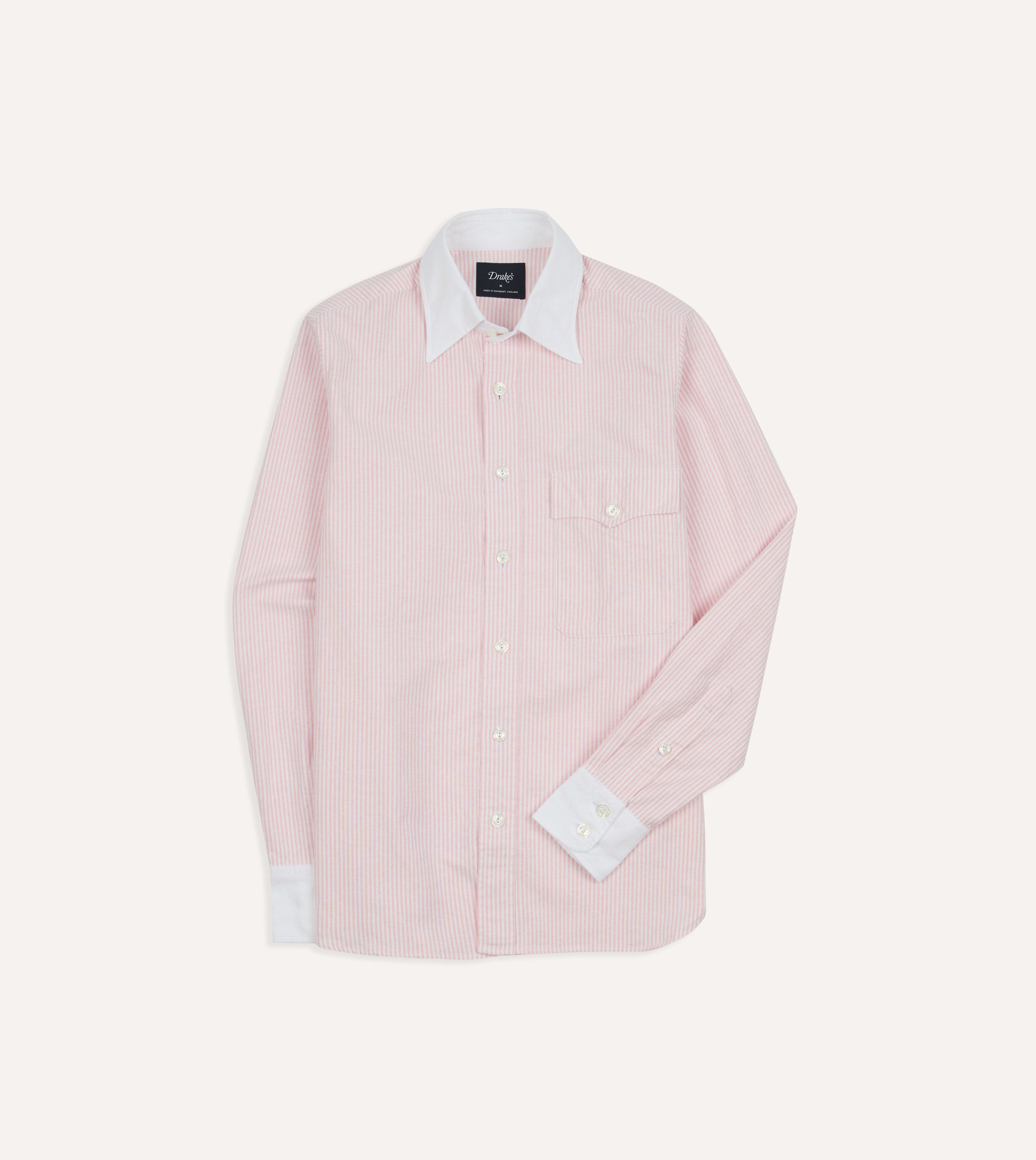 Pink Ticking Stripe Cotton Oxford Long Point Collar Western Shirt