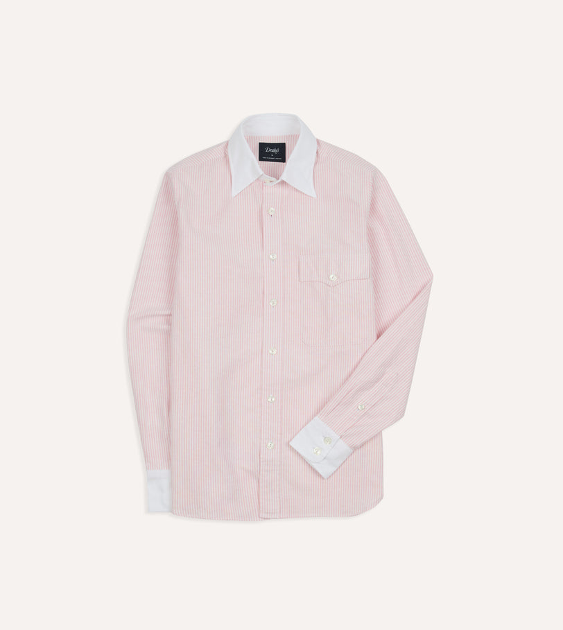 Pink Ticking Stripe Cotton Oxford Long Point Collar Western Shirt