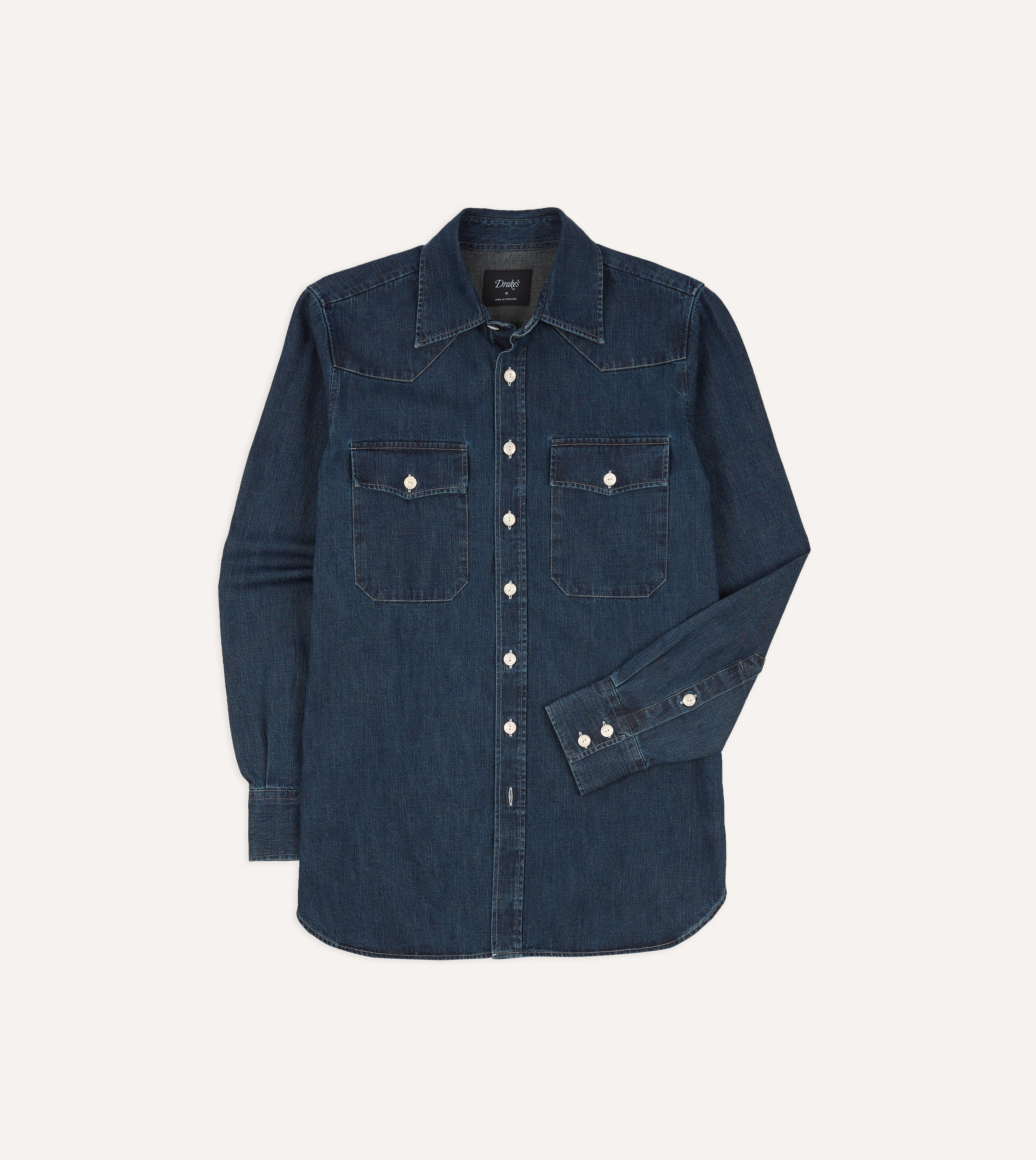 Drake's Light Denim Western Shirt Stone Wash