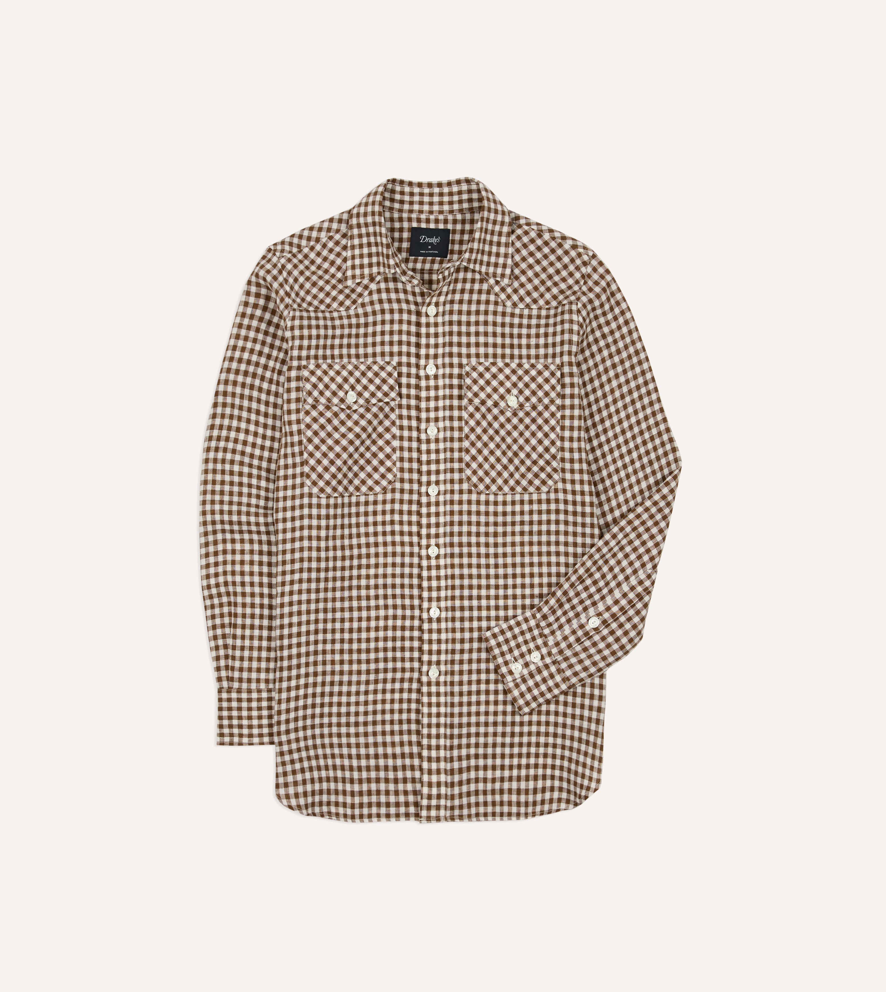 Brown Gingham Check Linen Two-Pocket Western Shirt – Drakes US