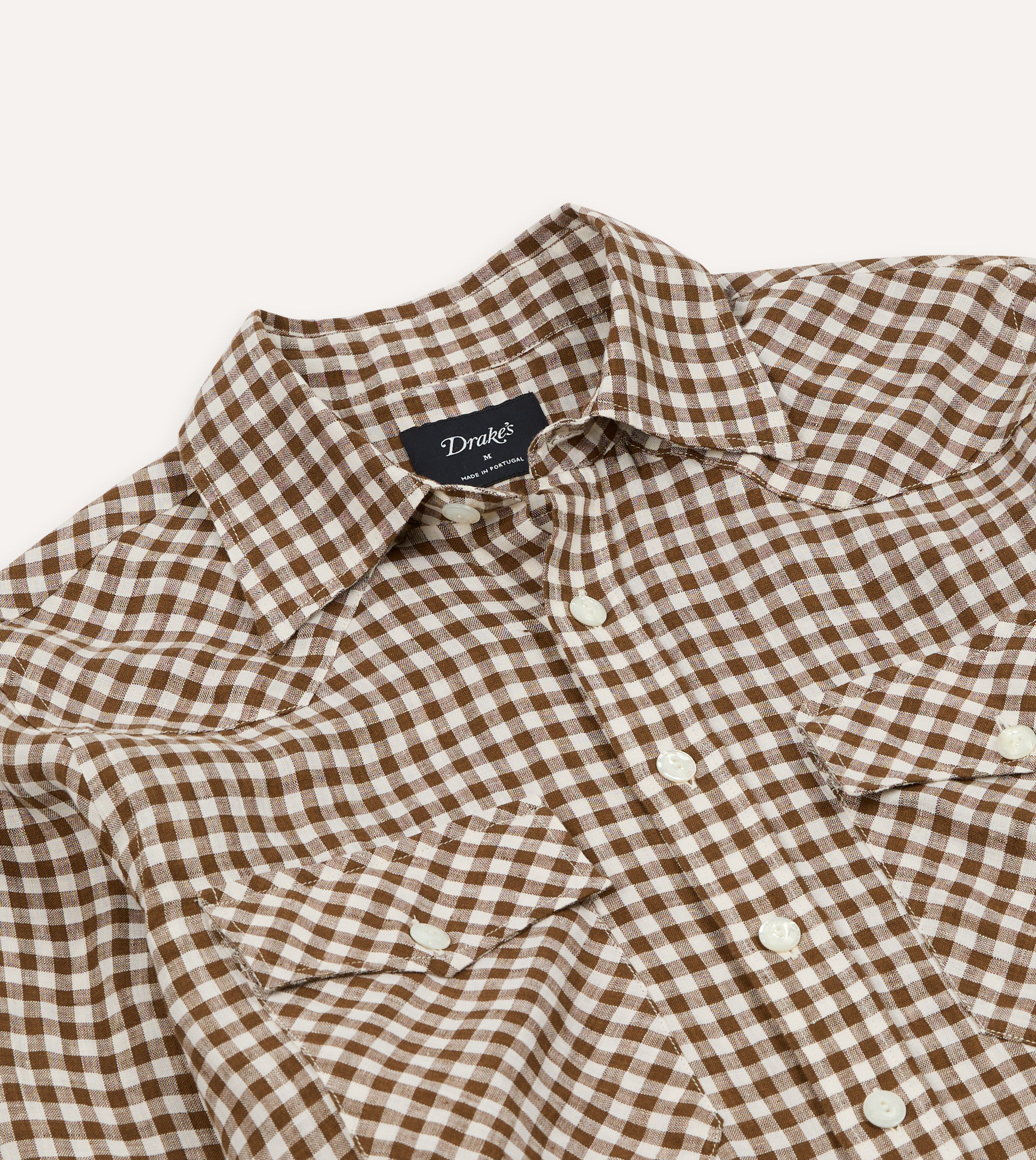 Brown Gingham Check Linen Two-Pocket Western Shirt – Drakes US