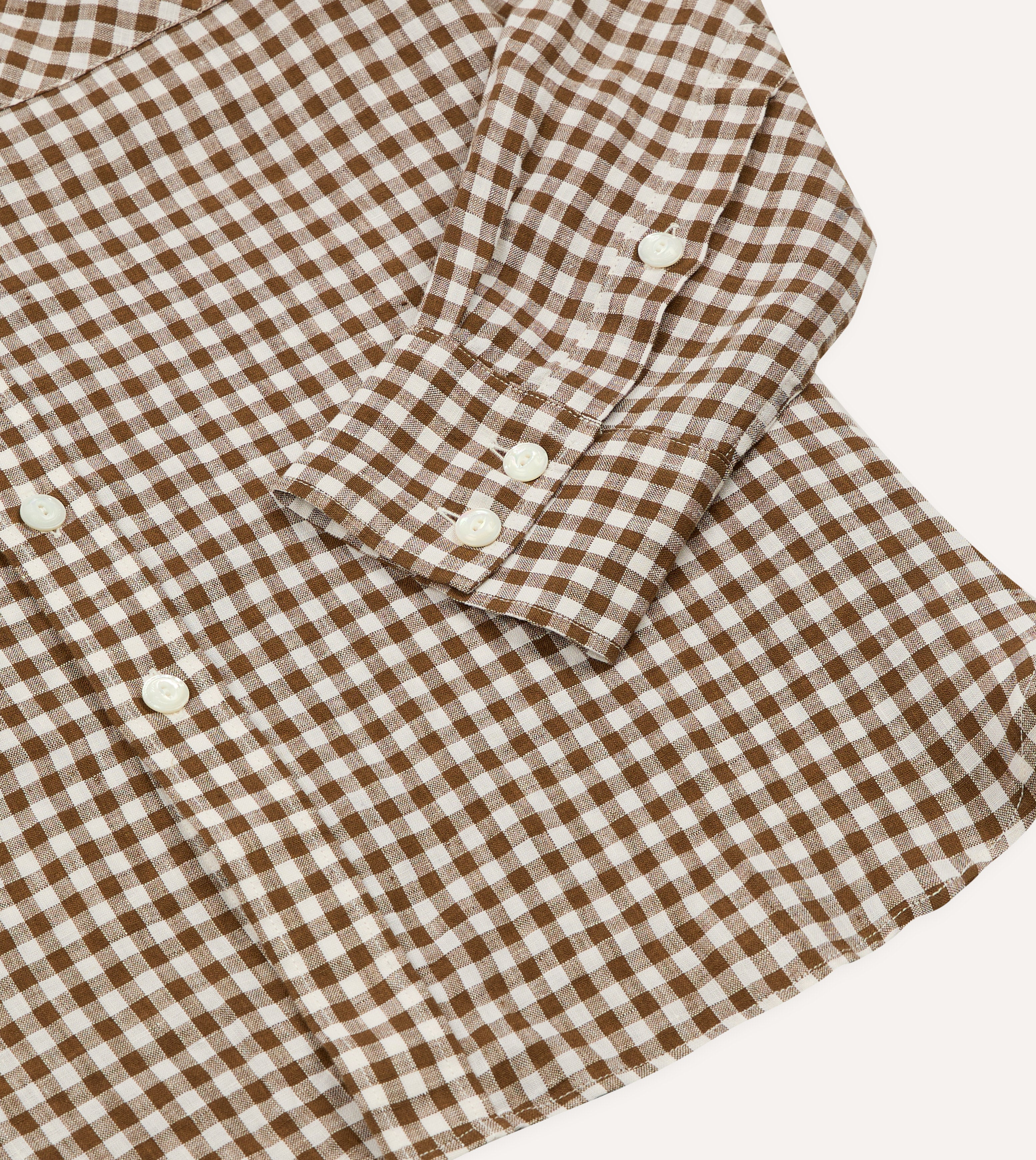 Brown Gingham Check Linen Two-Pocket Western Shirt – Drakes US