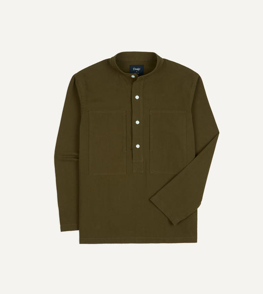 Khaki Cotton Mandarin Collar Popover Shirt – Drakes US
