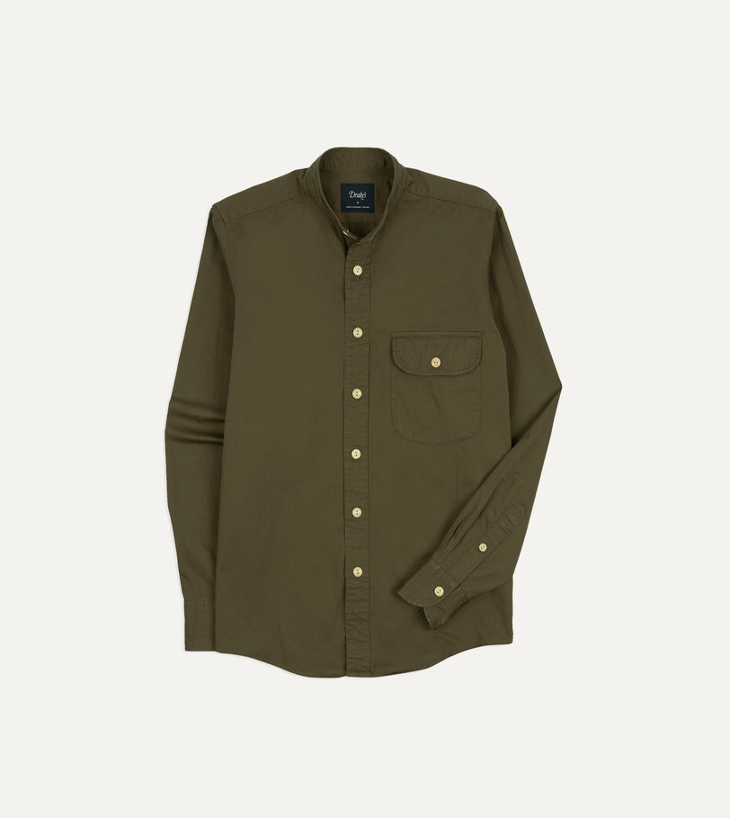 Olive Cotton Mandarin Collar Shirt