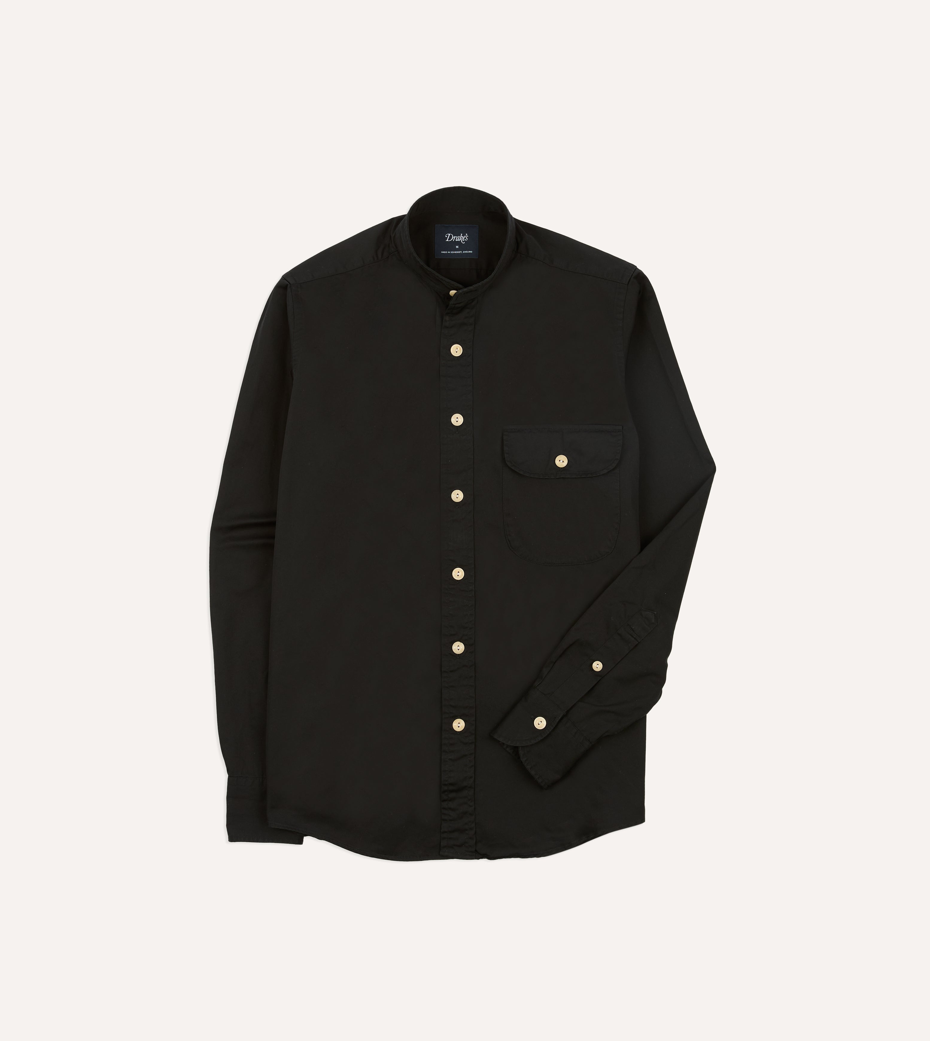 Black Cotton Mandarin Collar Shirt Drakes US Black Cotton Mandarin Collar Shirt Drakes US