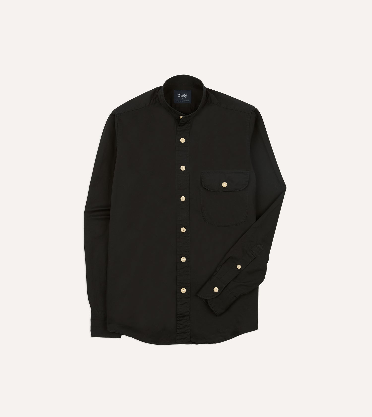 Black Cotton Mandarin Collar Shirt
