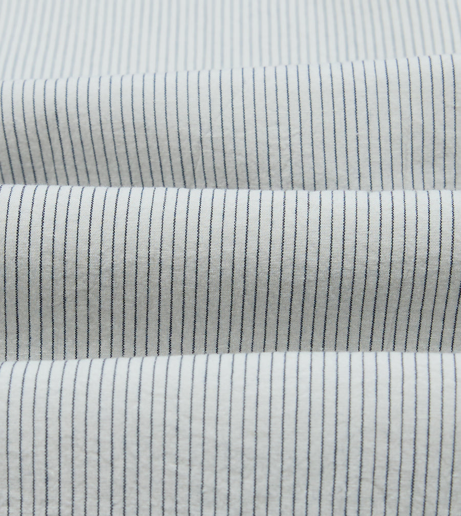 White and Navy Stripe Cotton Mandarin Collar Shirt