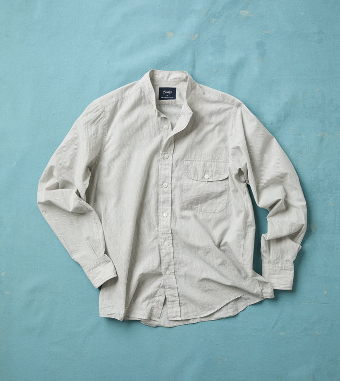 White and Navy Stripe Cotton Mandarin Collar Shirt