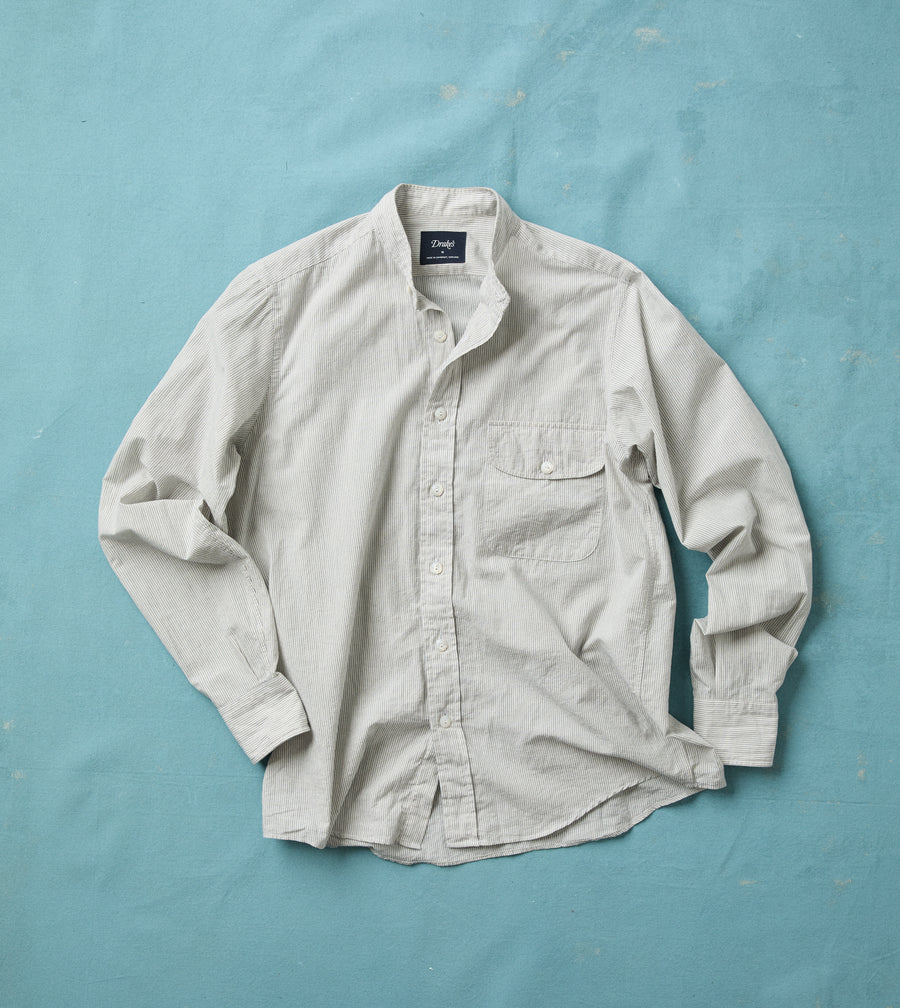 White and Navy Stripe Cotton Mandarin Collar Shirt