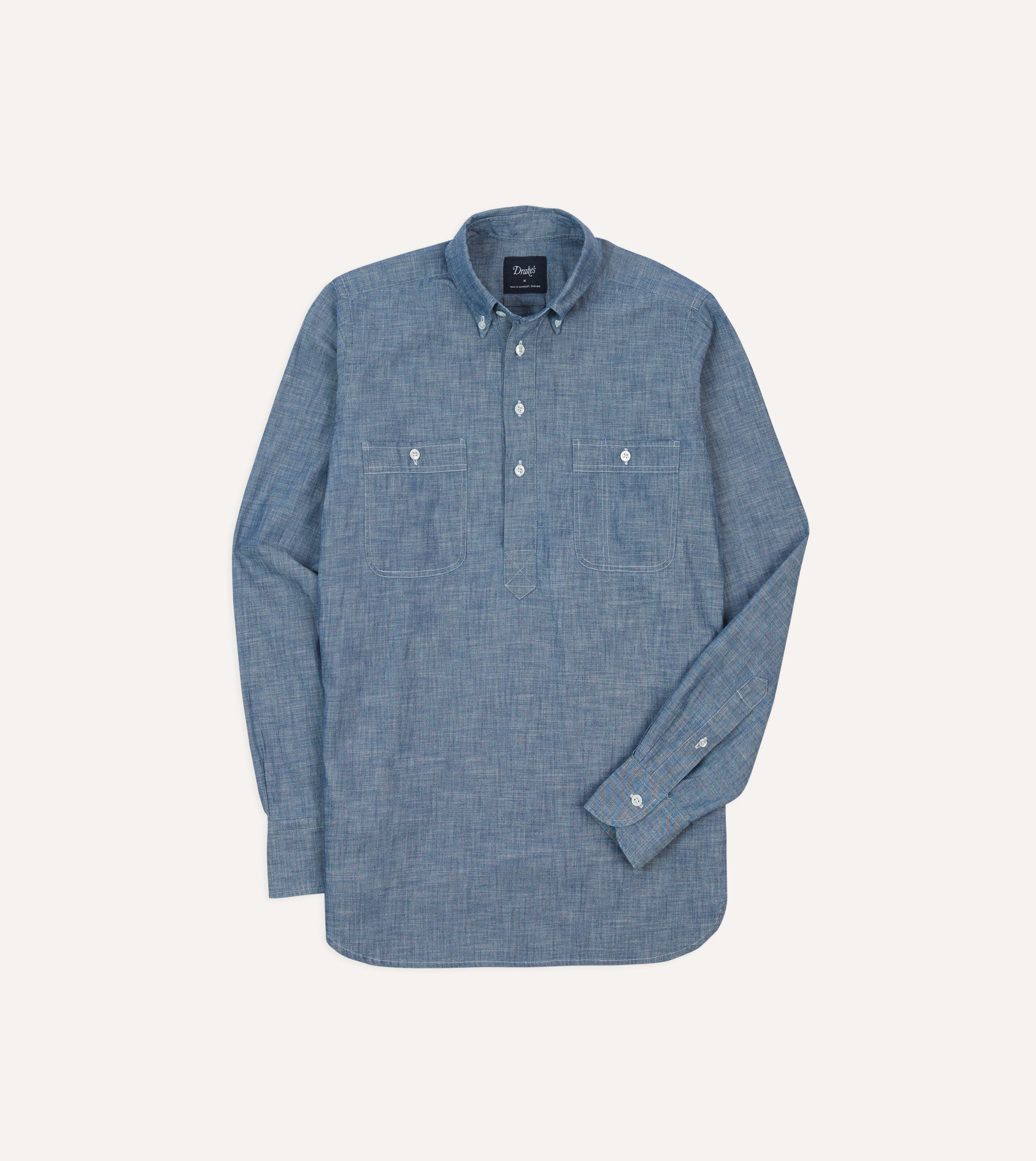 Bleach Blue Cotton Chambray Button-Down Popover Shirt M | Drake's