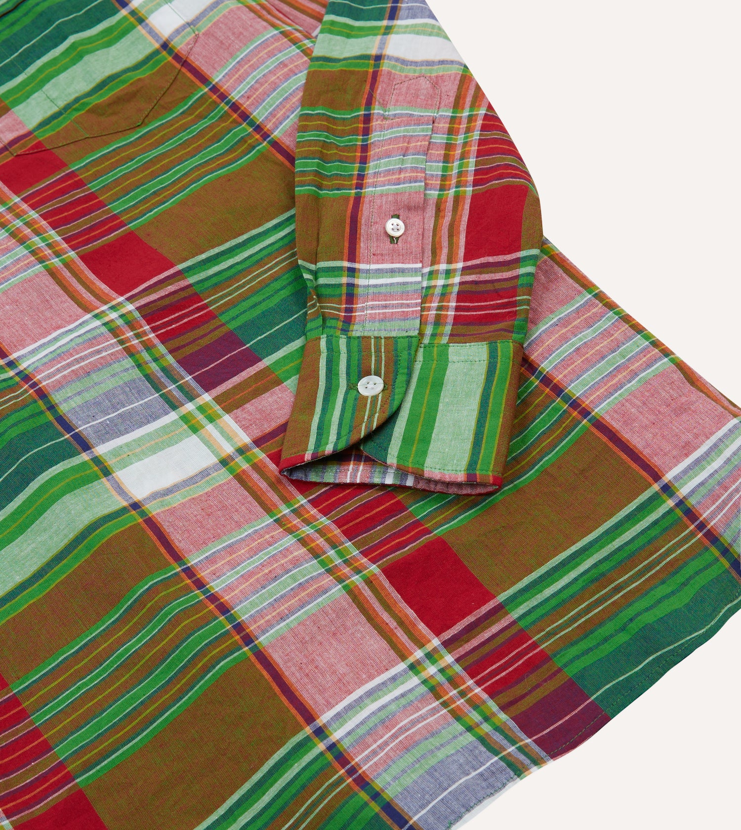 Green and Red Madras Check Cotton Button-Down Popover Shirt