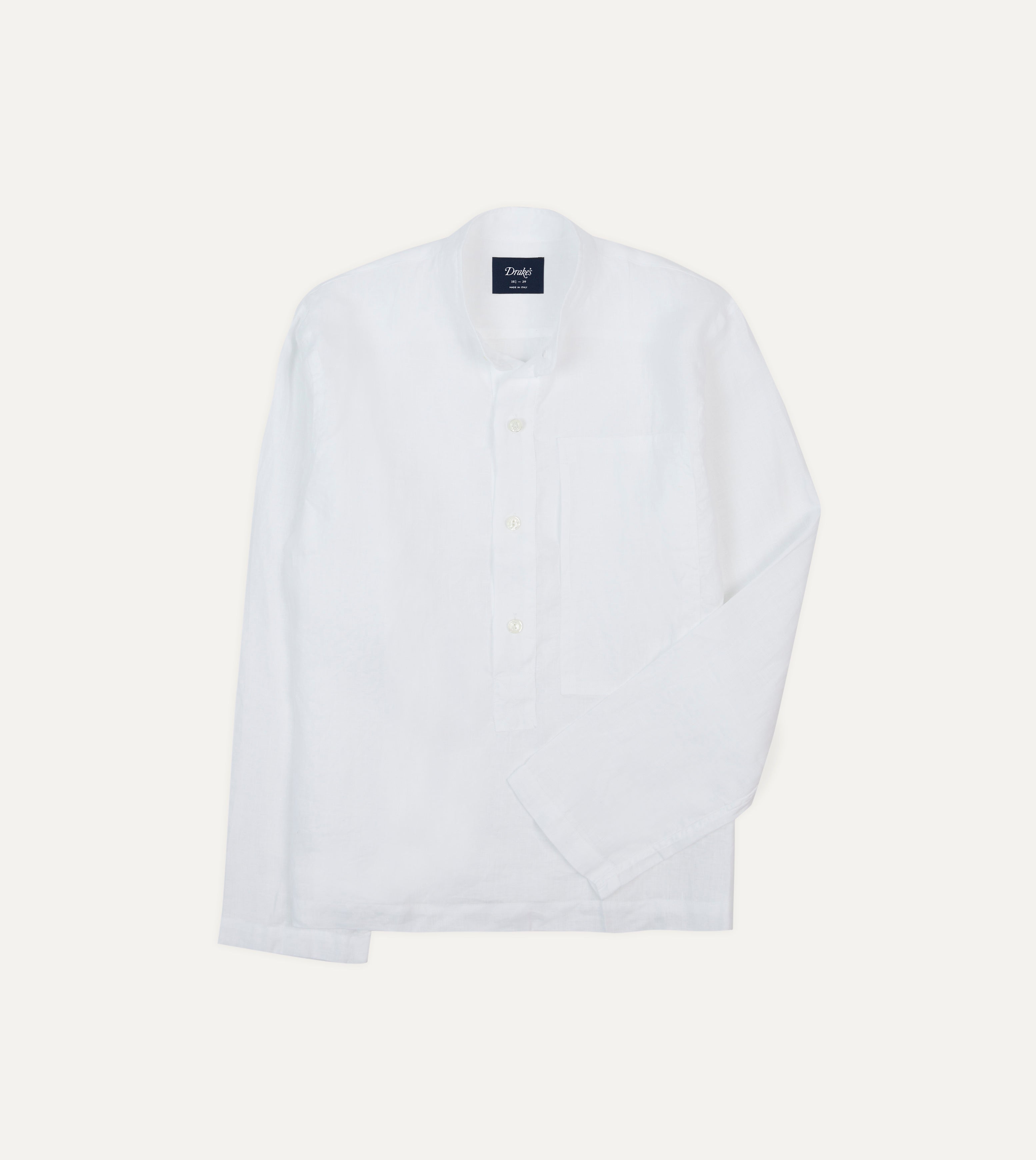 White Linen Mandarin Collar Popover Shirt