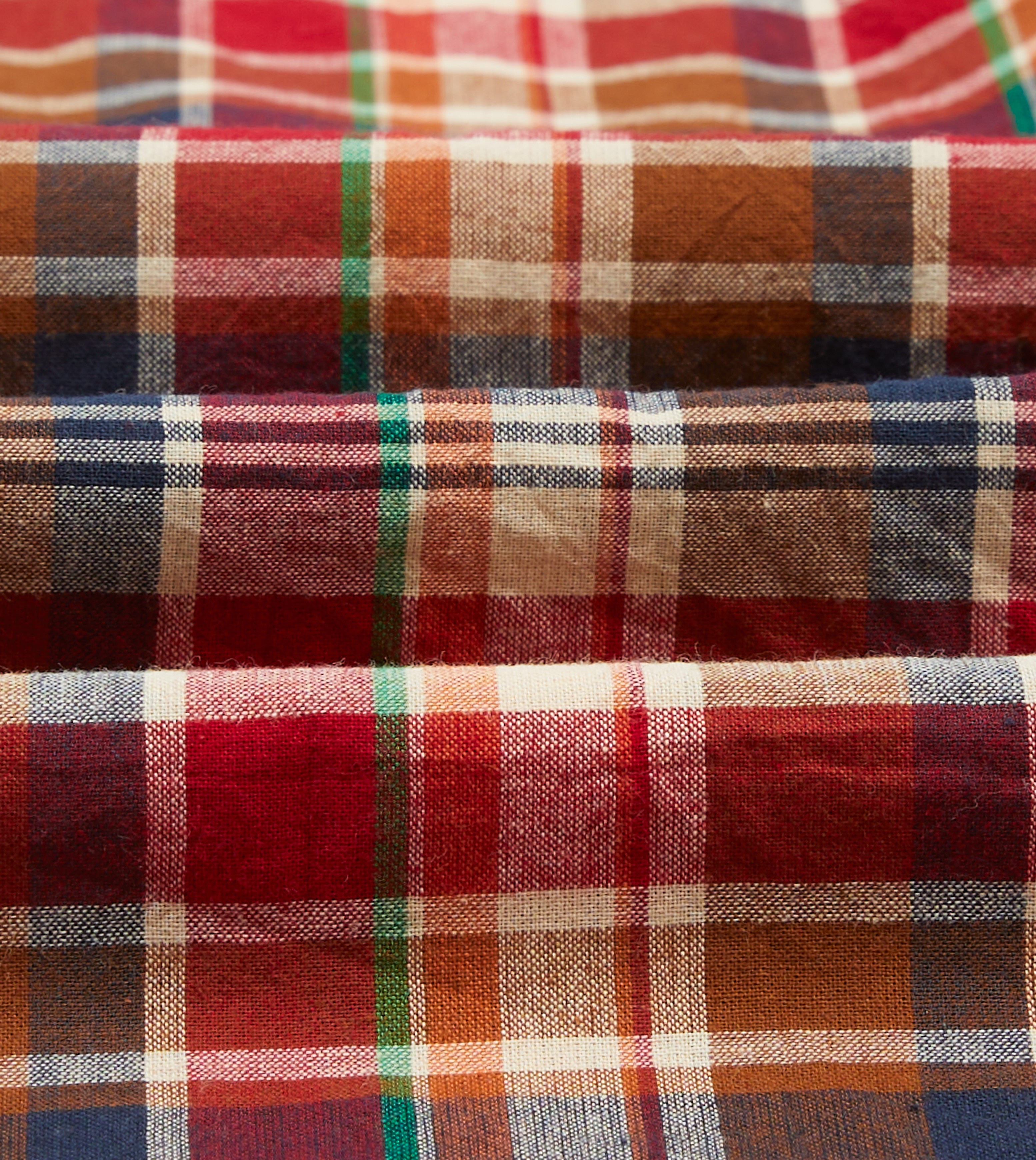 Brown, Navy and Red Madras Check Cotton Mandarin Collar Popover Shirt