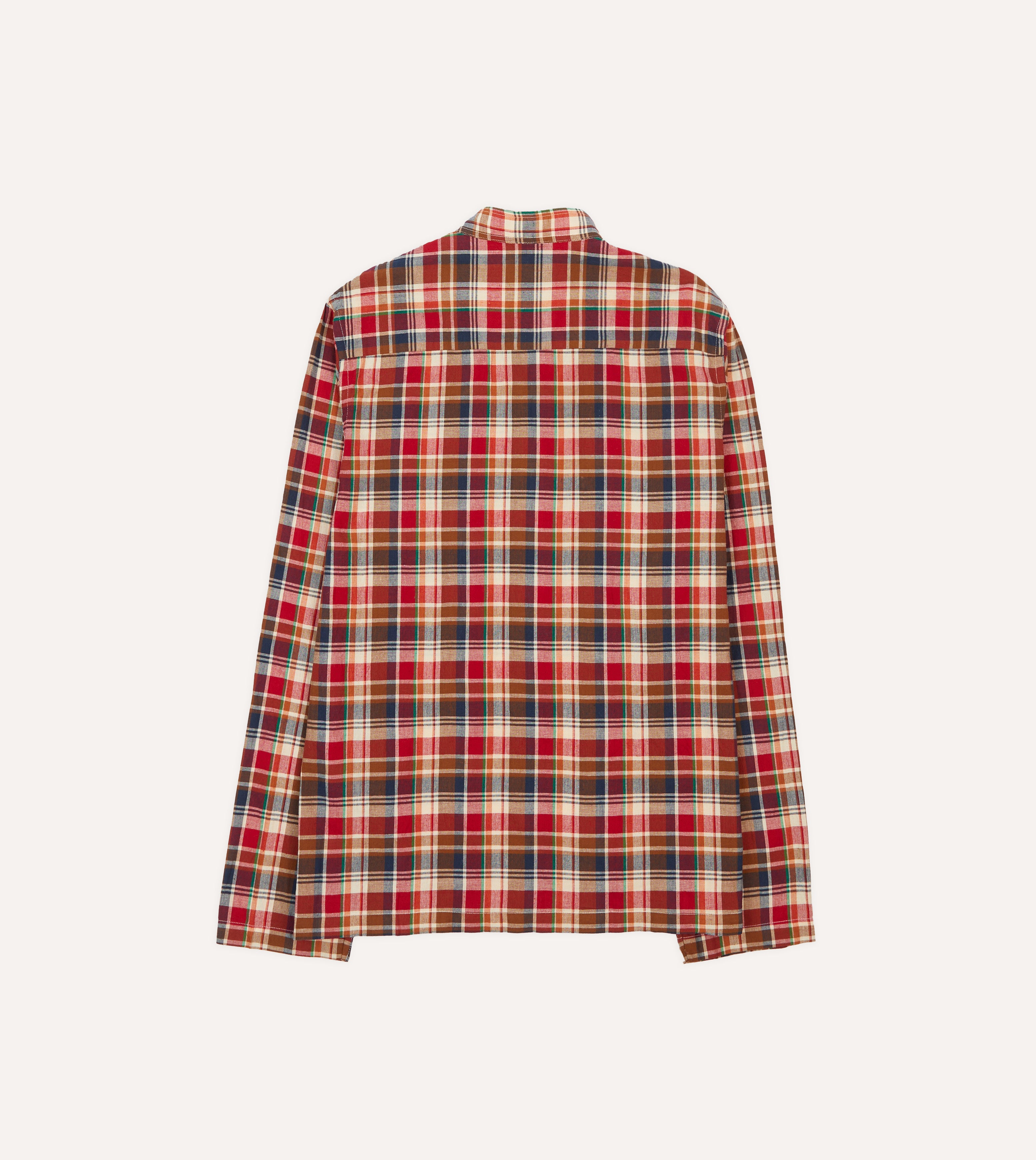 Brown, Navy and Red Madras Check Cotton Mandarin Collar Popover Shirt