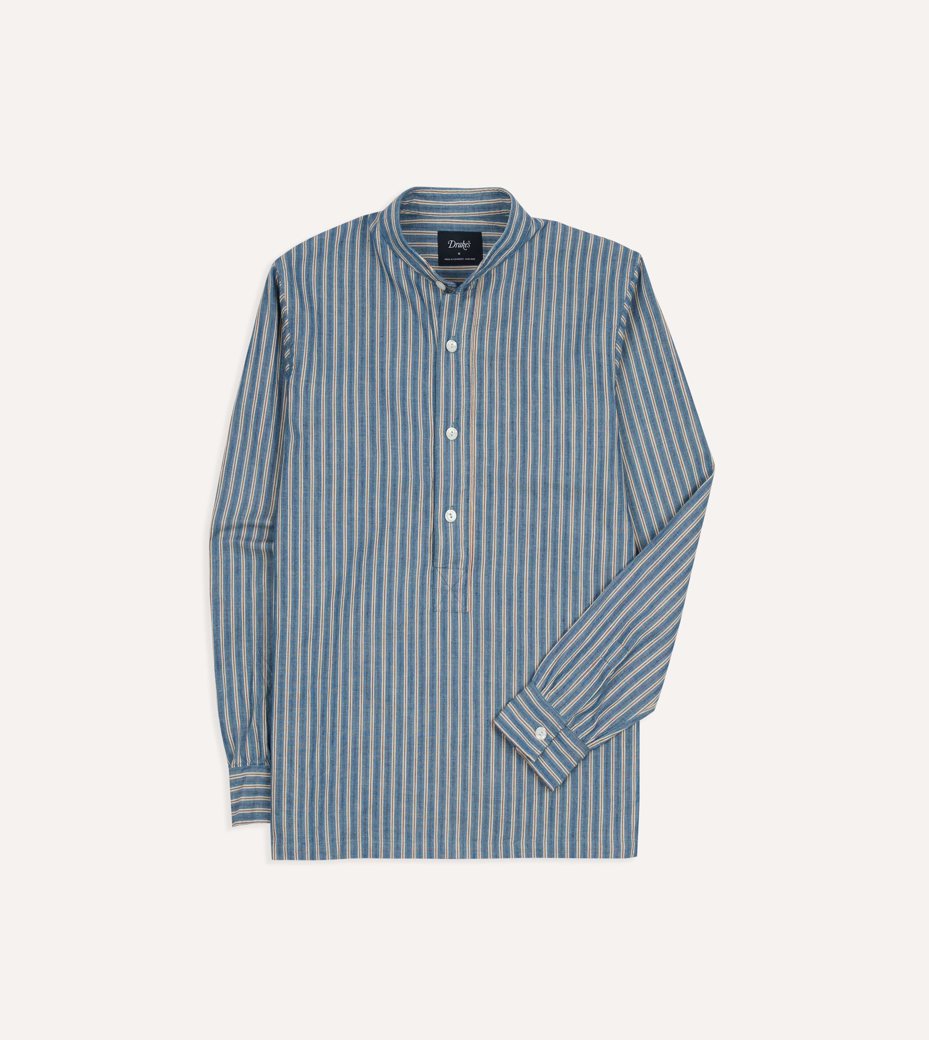 Indigo Stripe Cotton Mandarin Collar Popover Shirt