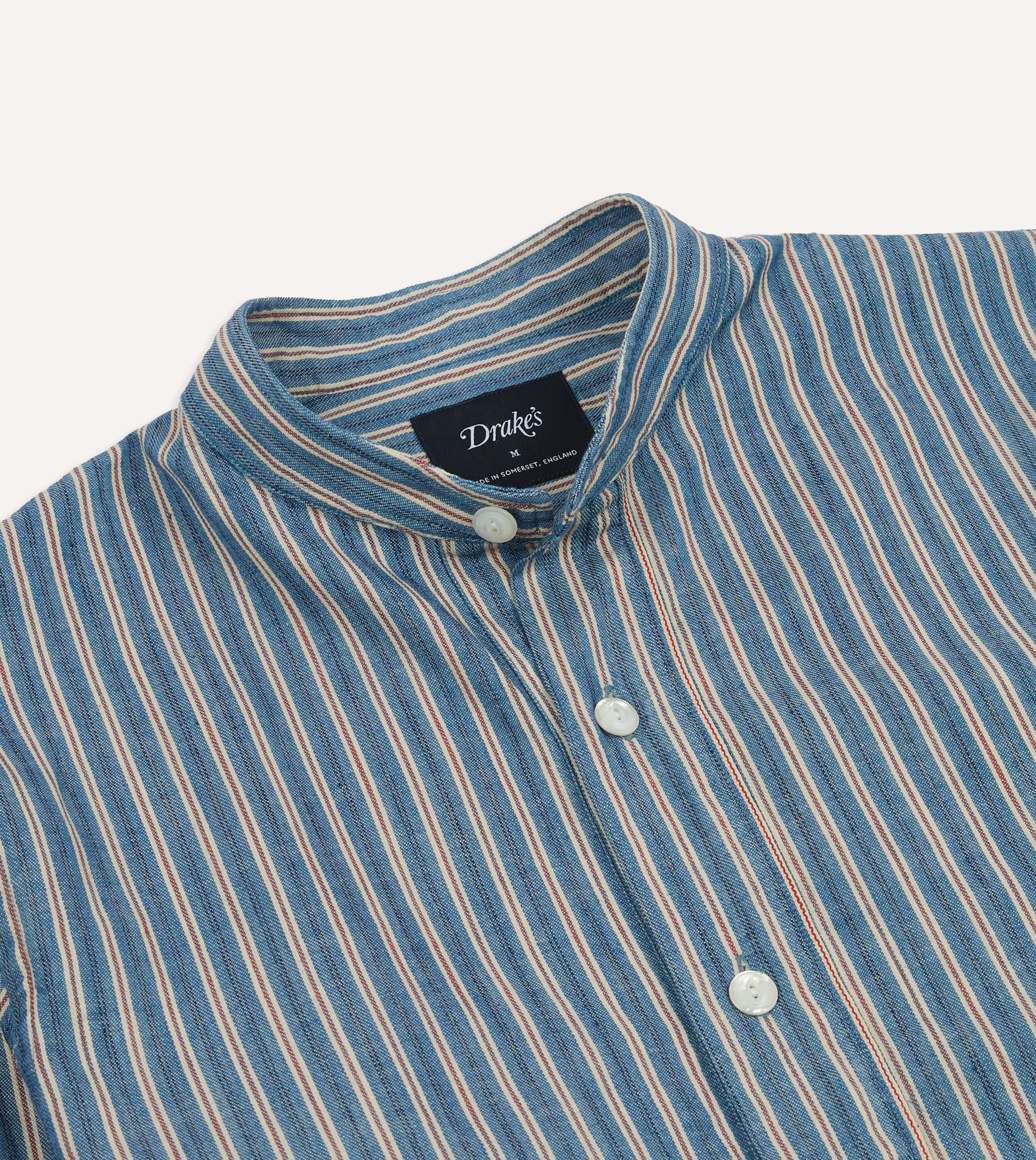 Indigo Stripe Cotton Mandarin Collar Popover Shirt – Drakes US