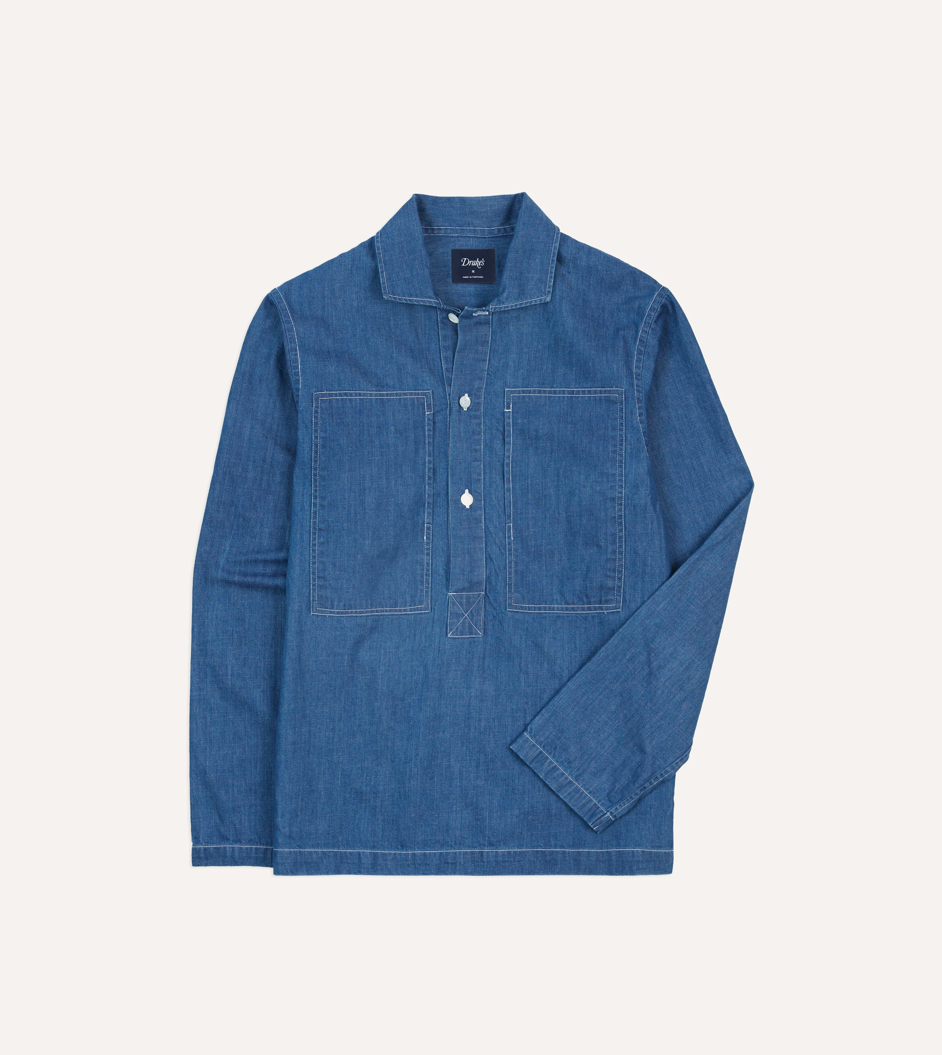 Blue Denim Spread Collar Popover Shirt