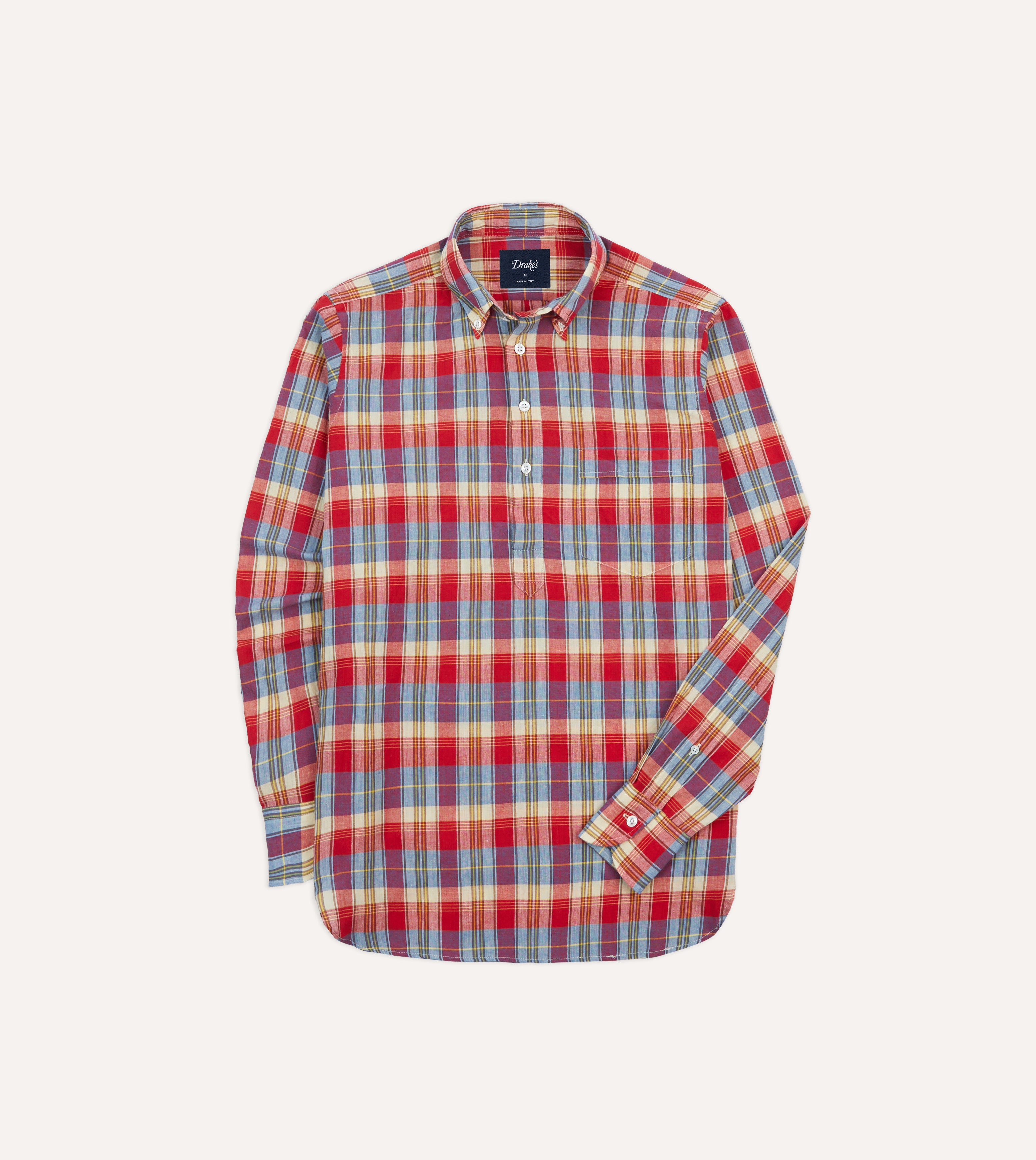Red and Blue Madras Check Cotton Button-Down Popover Shirt
