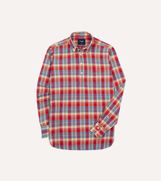 Red and Blue Madras Check Cotton Button-Down Popover Shirt – Drakes US