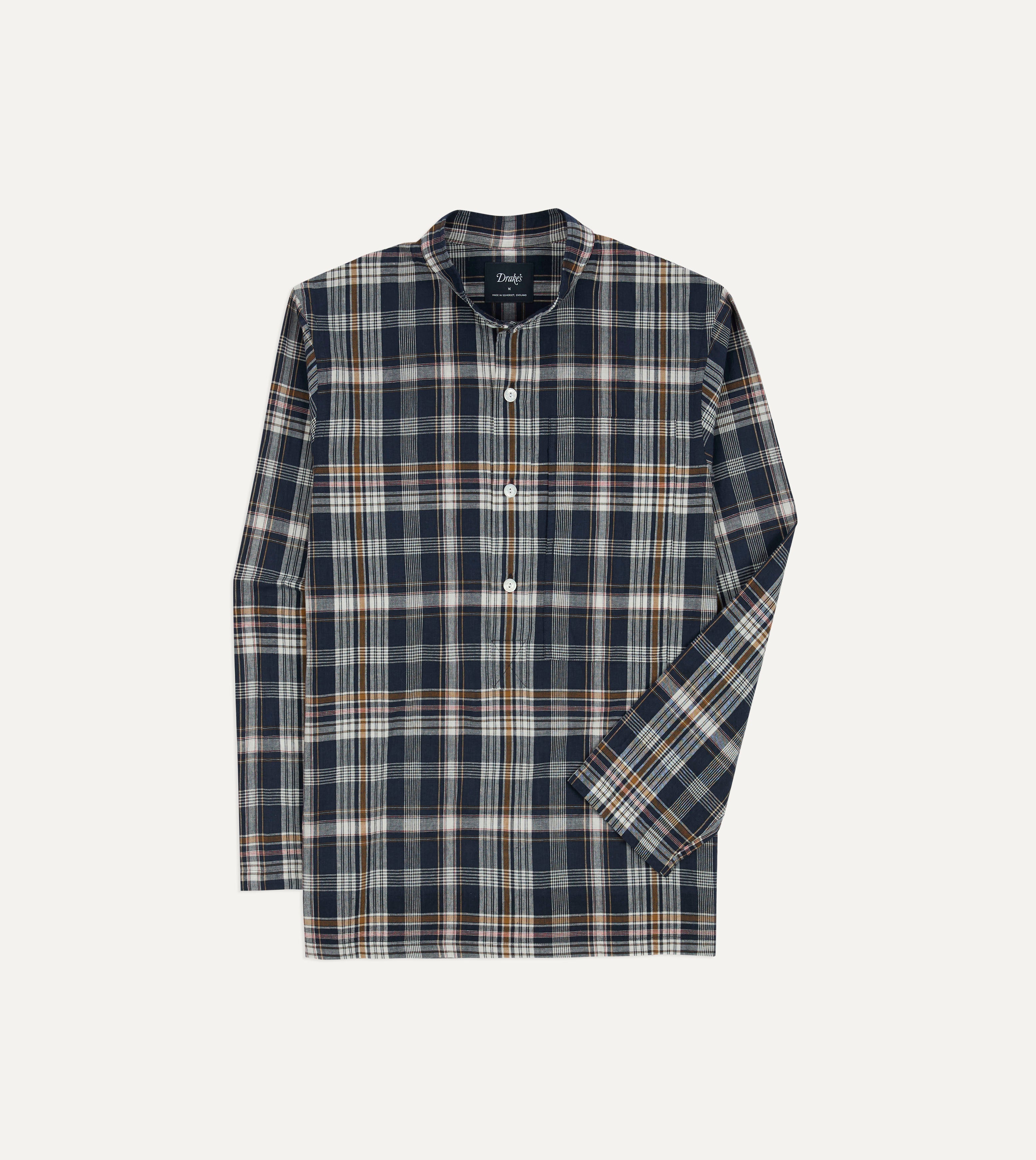 Navy, White and Yellow Madras Check Cotton Mandarin Collar Popover