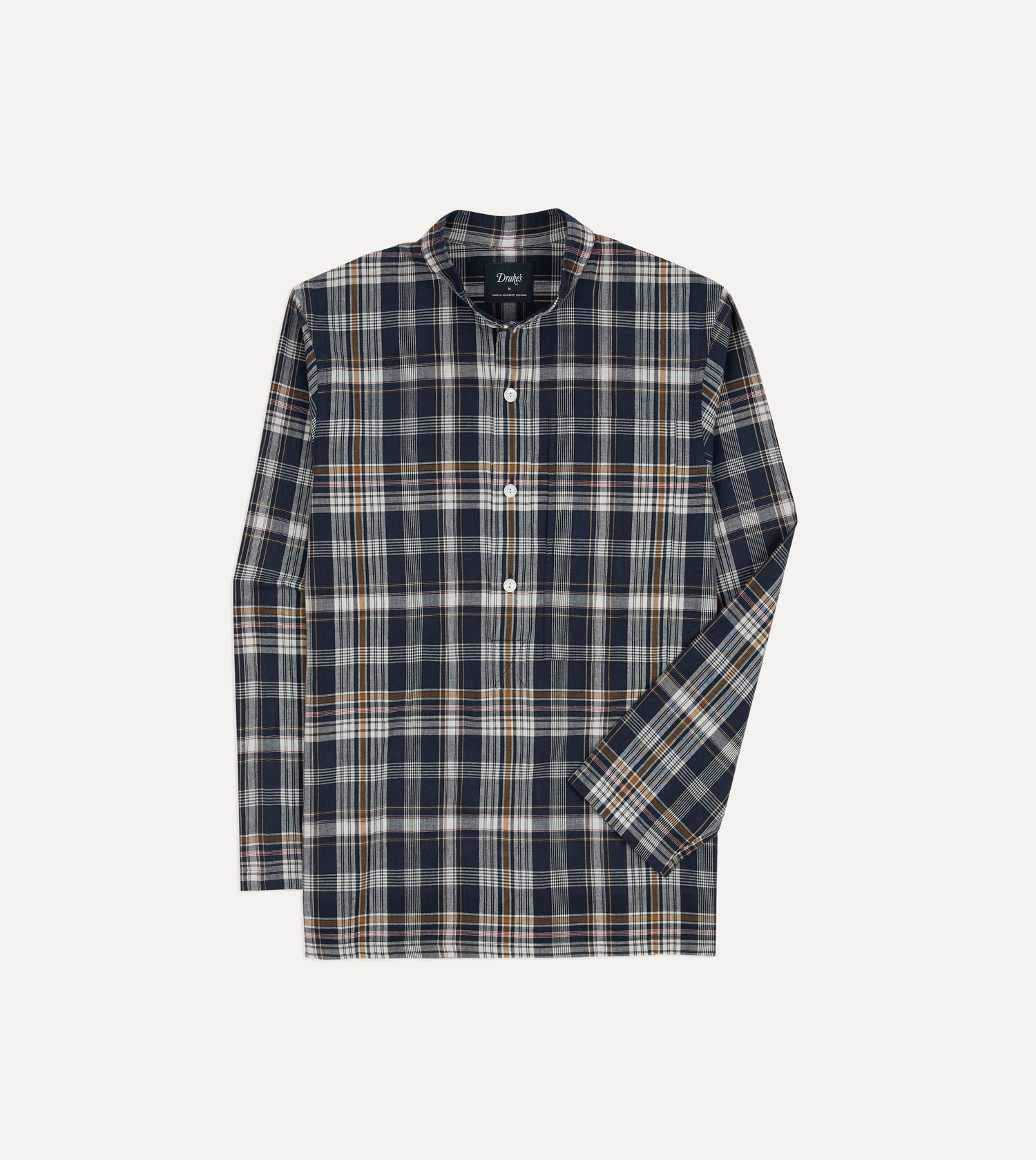 Navy, White and Yellow Madras Check Cotton Mandarin Collar Popover Shirt