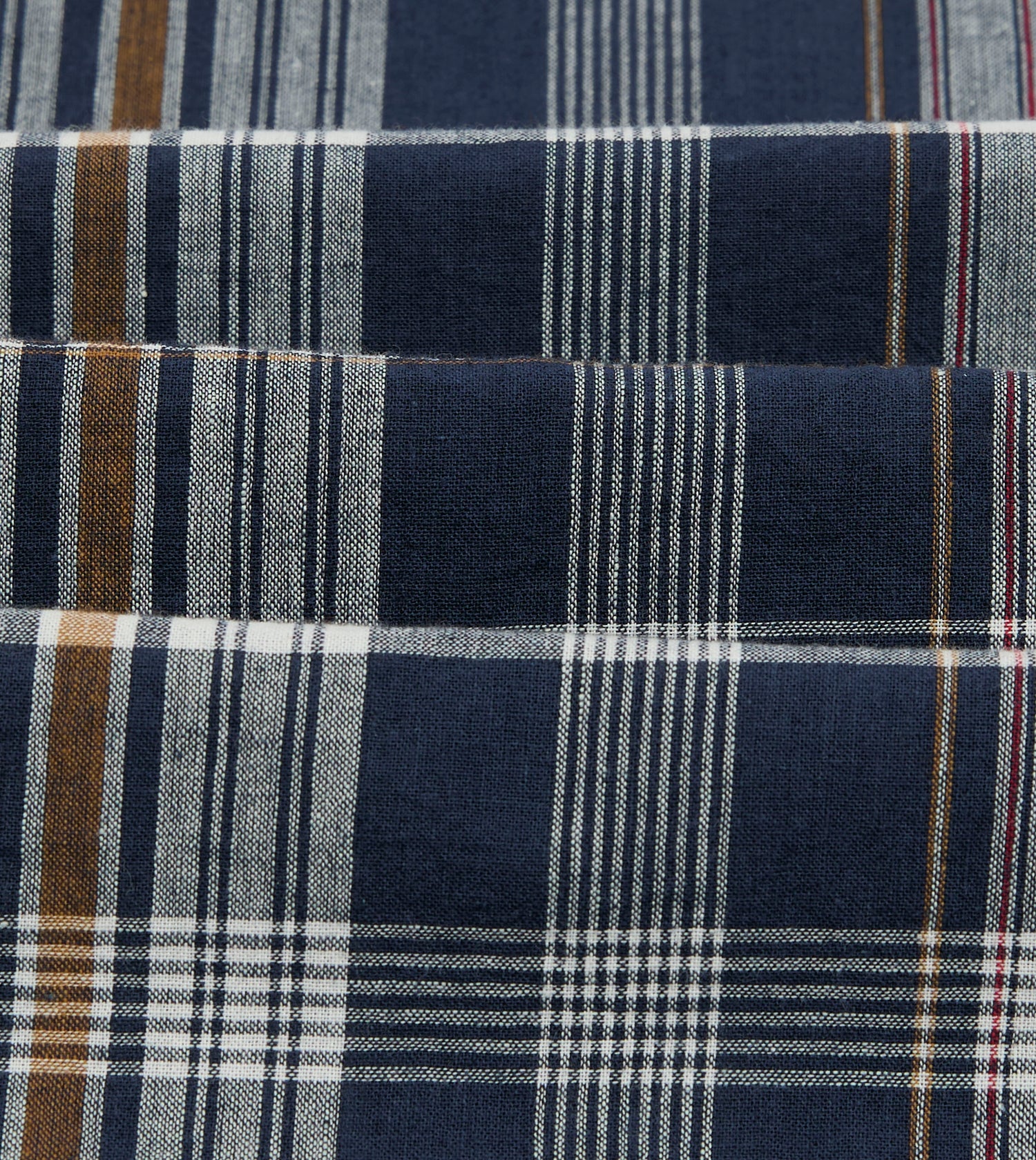 Navy, White and Yellow Madras Check Cotton Mandarin Collar Popover Shirt