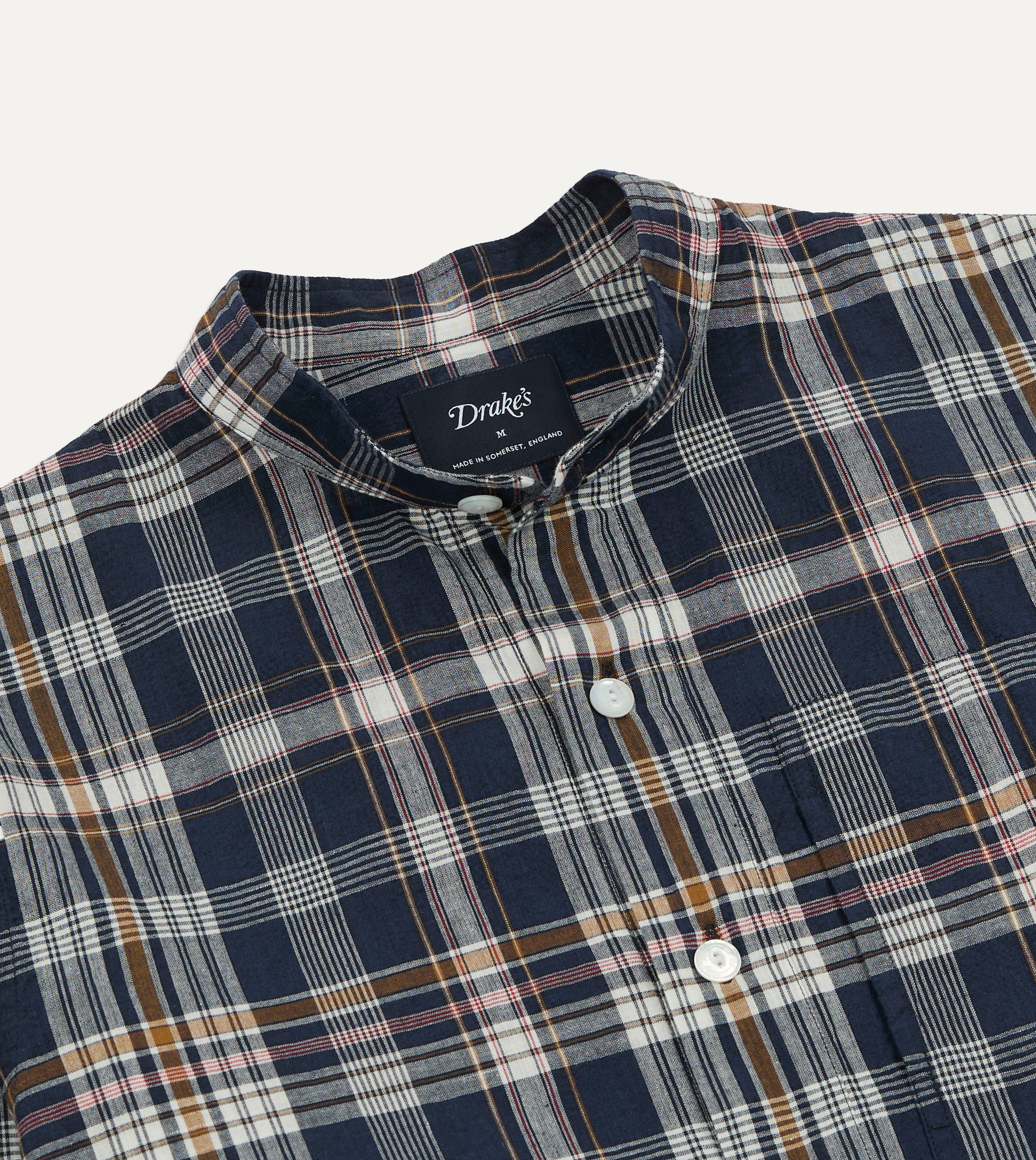 Navy, White and Yellow Madras Check Cotton Mandarin Collar Popover