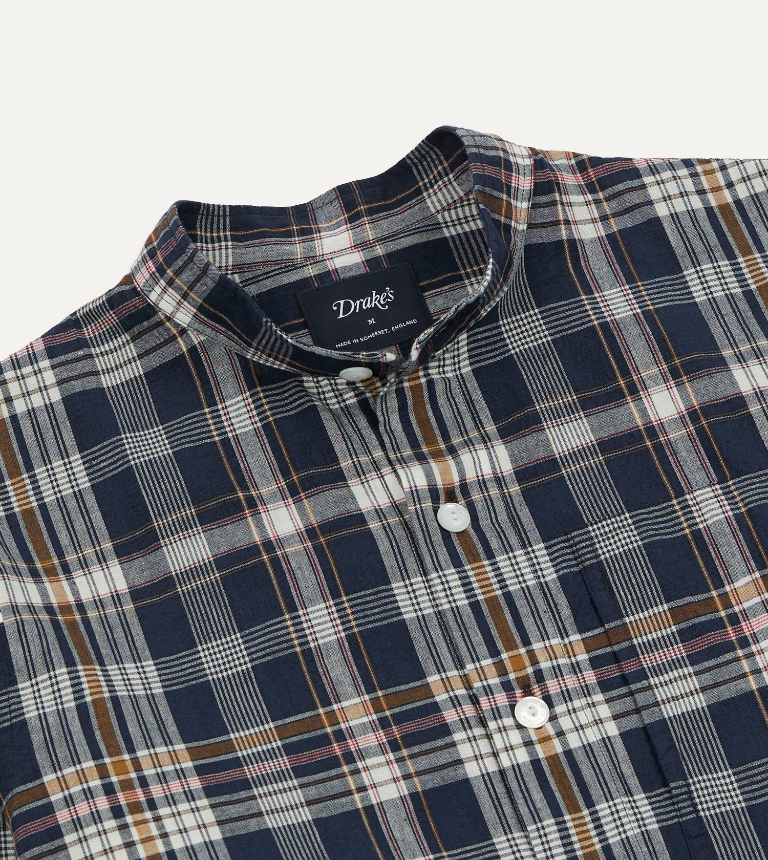 Navy, White and Yellow Madras Check Cotton Mandarin Collar Popover Shirt