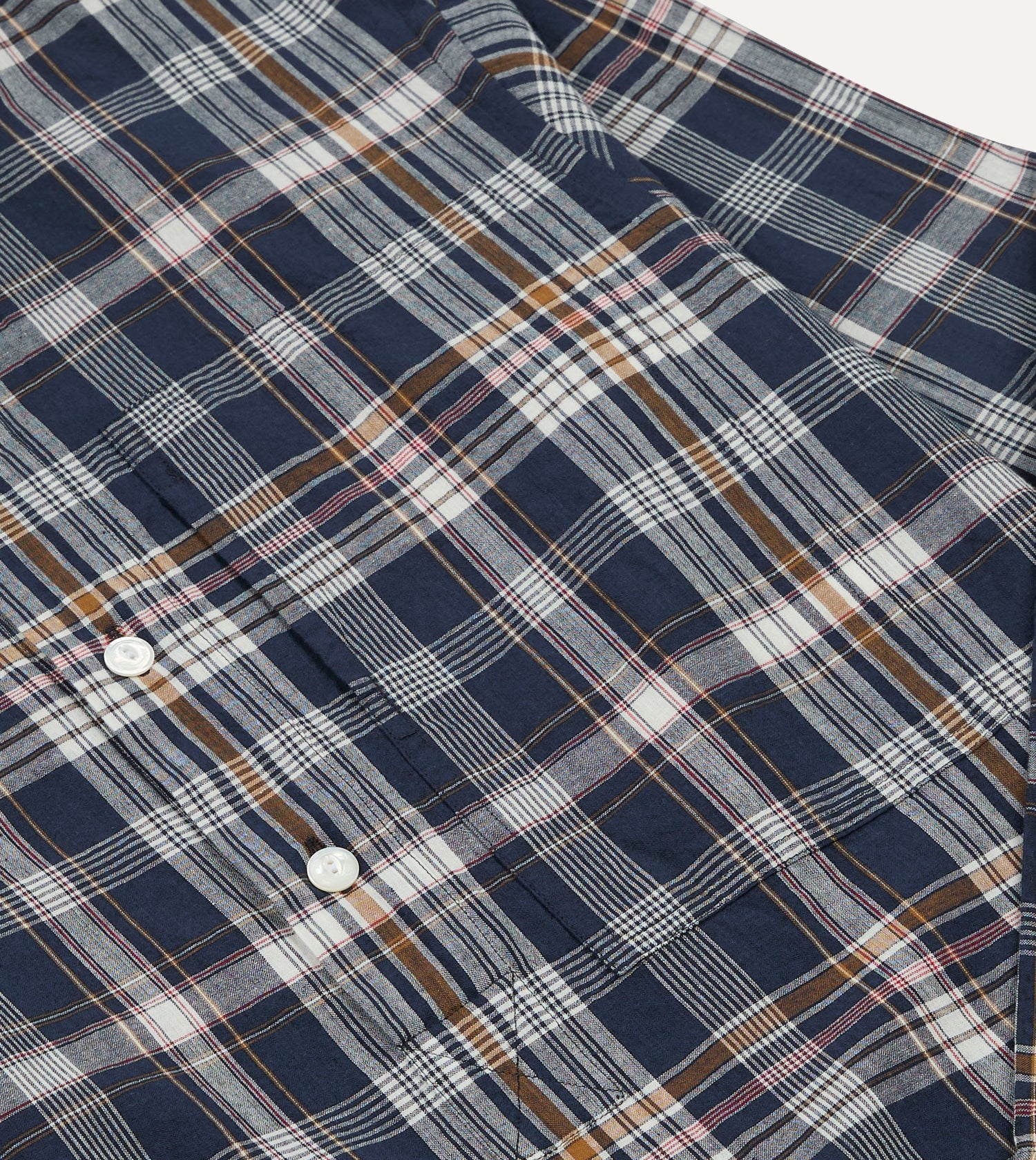 Navy, White and Yellow Madras Check Cotton Mandarin Collar Popover Shirt