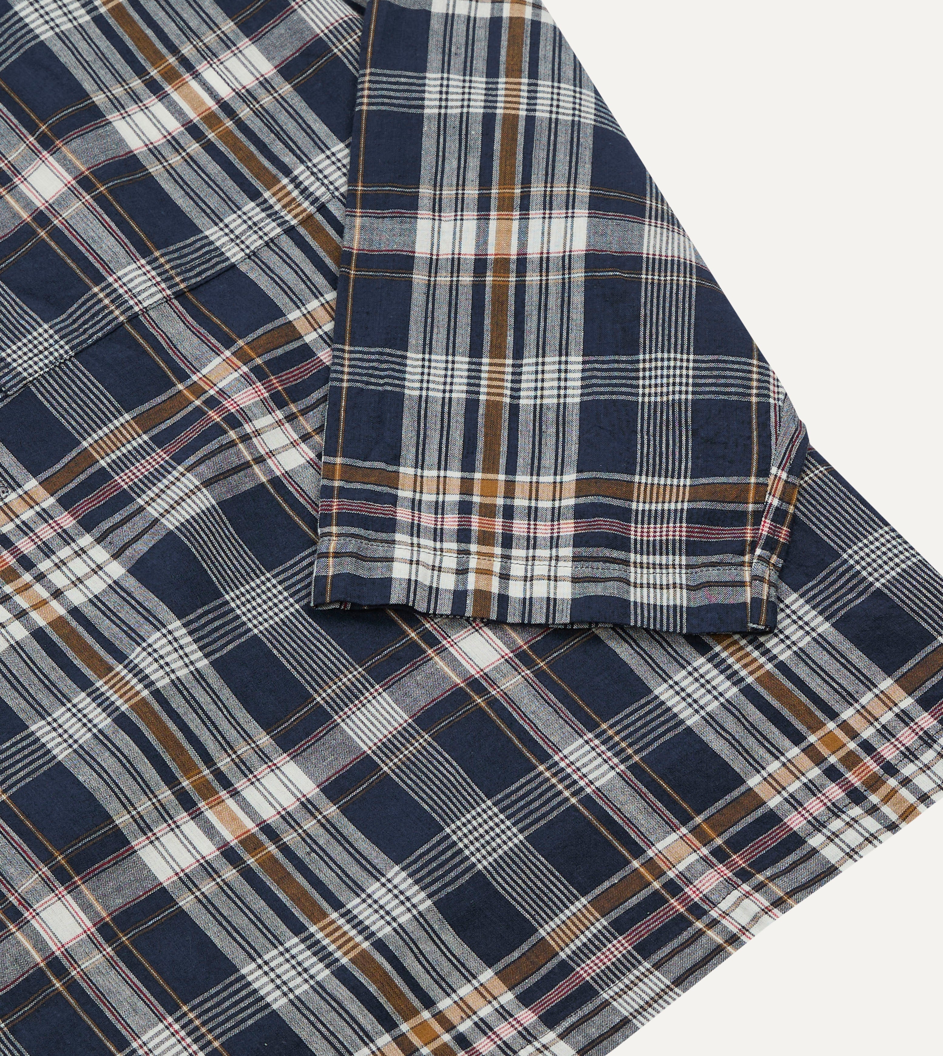 Navy, White and Yellow Madras Check Cotton Mandarin Collar Popover