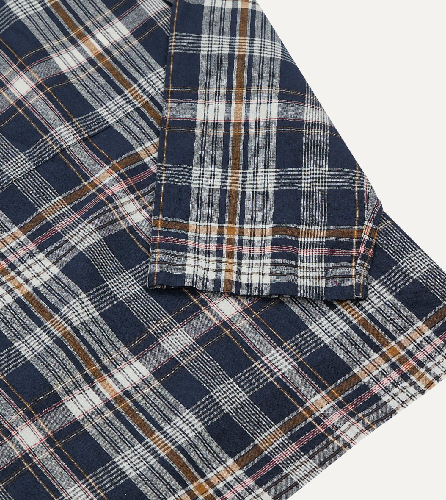 Navy, White and Yellow Madras Check Cotton Mandarin Collar Popover Shirt